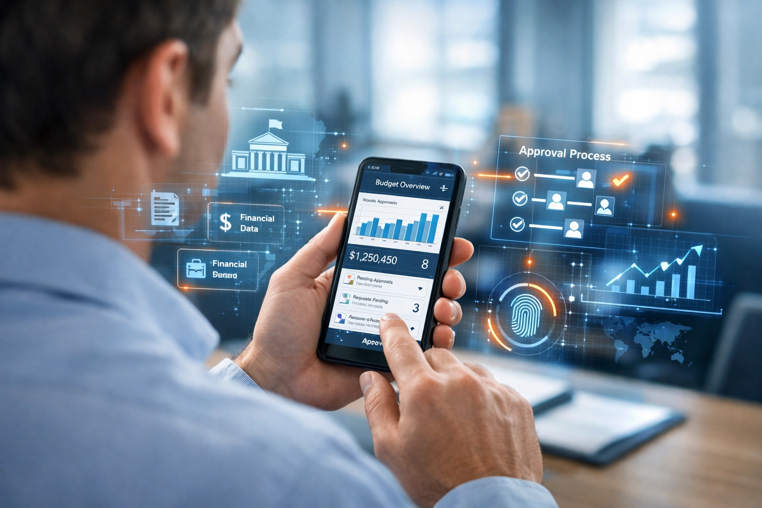 Government employee using mobile ERP dashboard for real-time approvals
