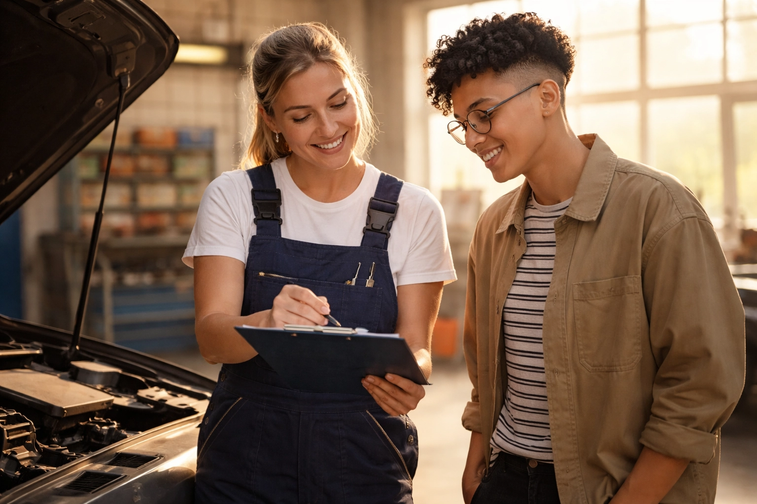 A friendly female mechanic discusses car repairs with a non-binary customer at an affirming auto shop, showcasing transparency and trans friendly service.