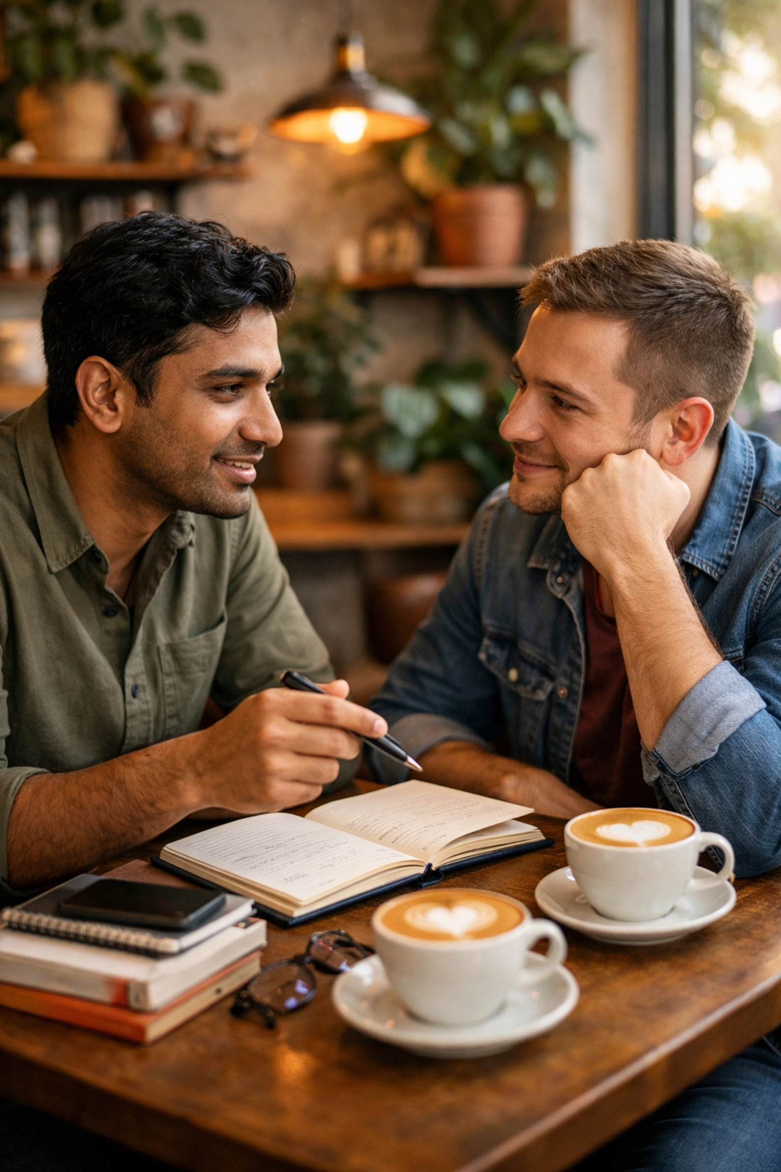 Two men connect during a language exchange at a cozy cafe, finding romance over coffee.