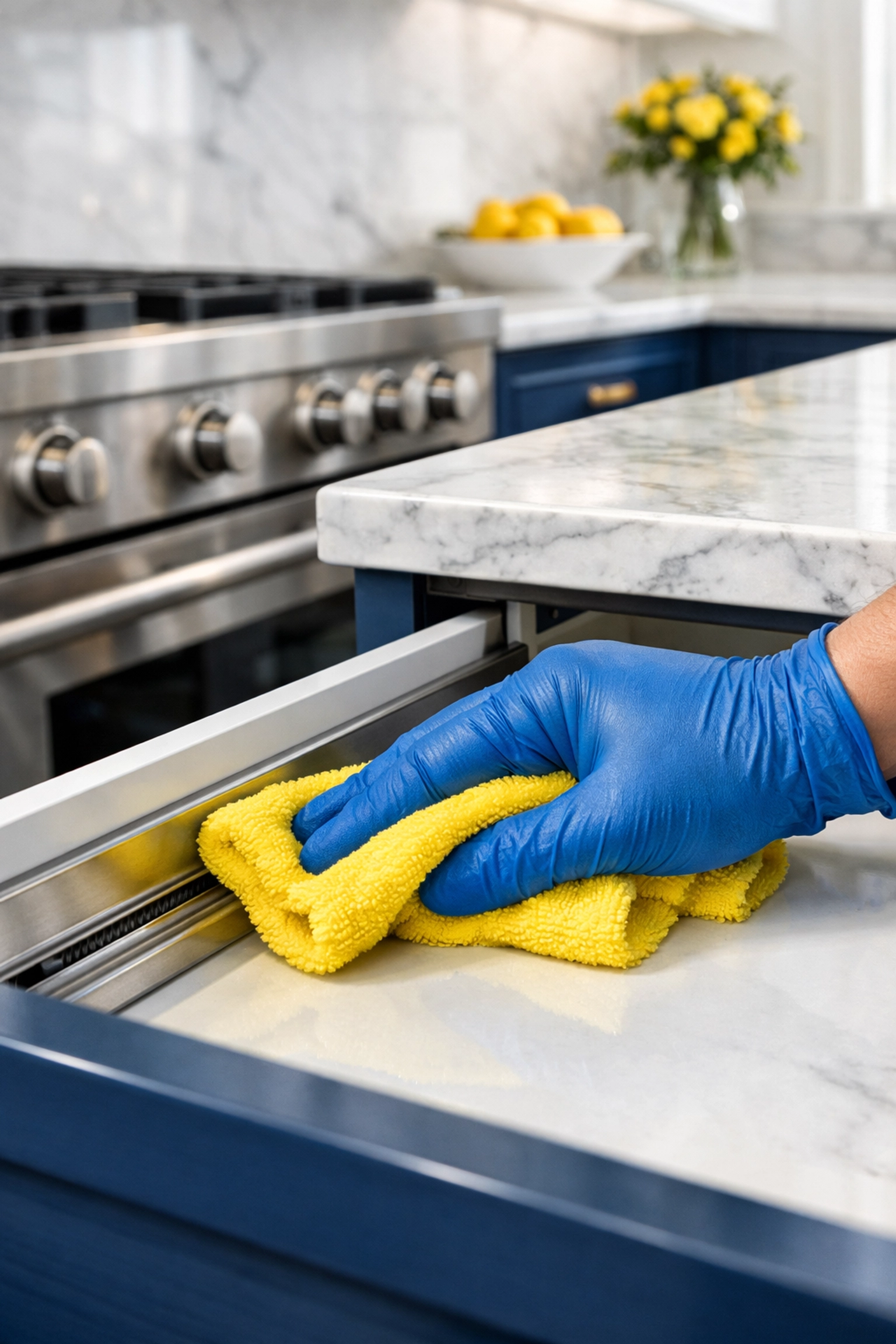 Professional cleaner wiping kitchen drawer tracks during a Boston apartment turnover cleaning session.