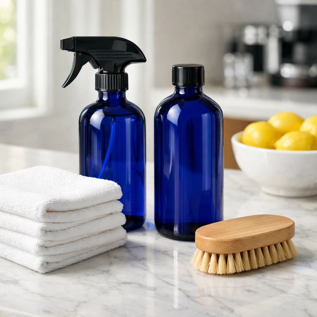 Eco-friendly glass spray bottles and cleaning supplies for safe, professional office cleaning Worcester services.