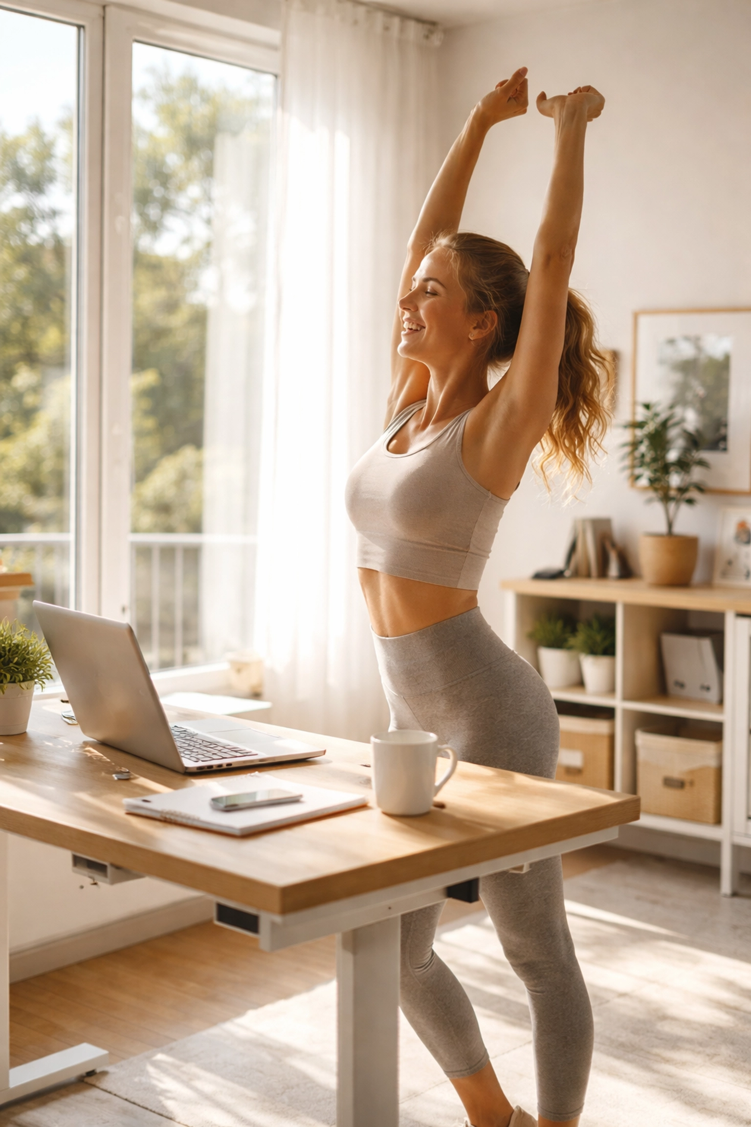 Femme qui s'étire dans un bureau moderne à la maison, illustrant le sport facile en télétravail