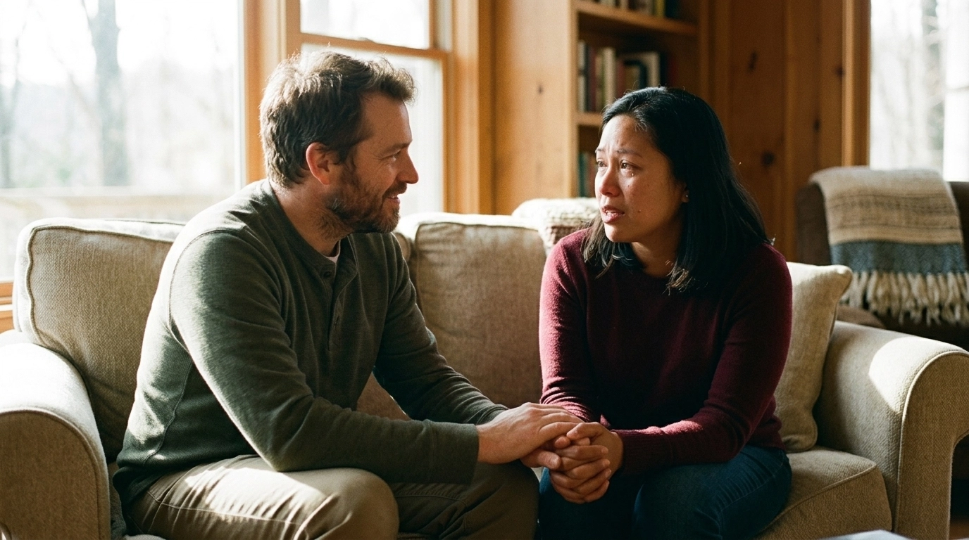 Two people in a heartfelt, sincere conversation in a sunlit room, representing the power of vulnerability.