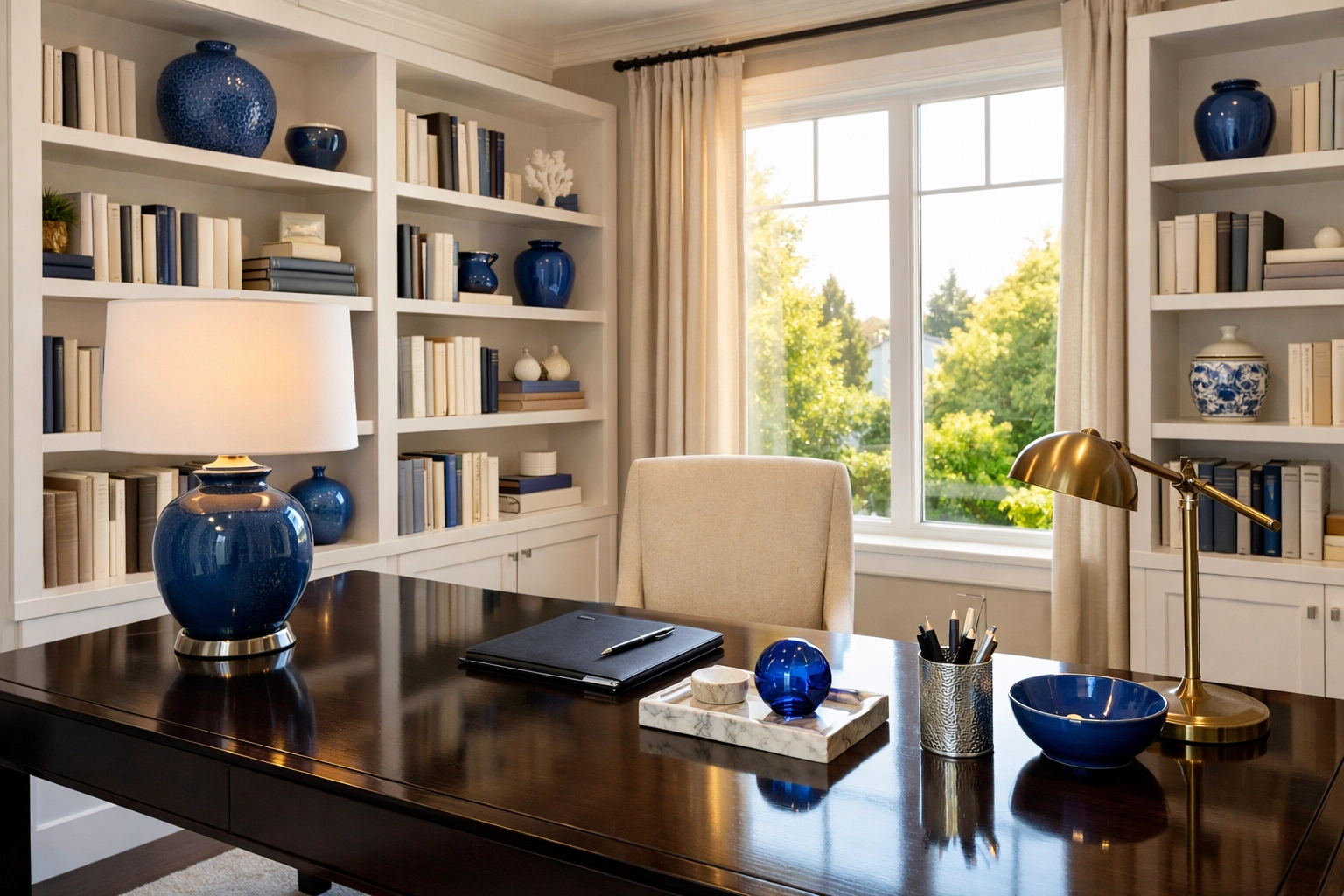 Clean and organized home office in Acton MA showcasing professional dusting and residential cleaning.