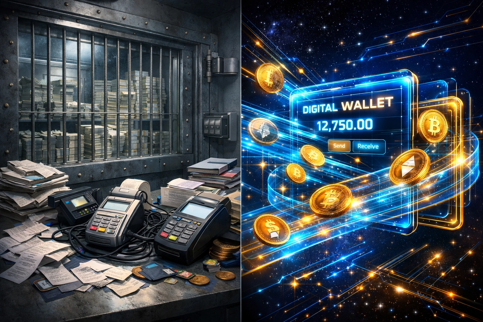 Traditional banking vault vs self-custody crypto wallet for merchant accounts