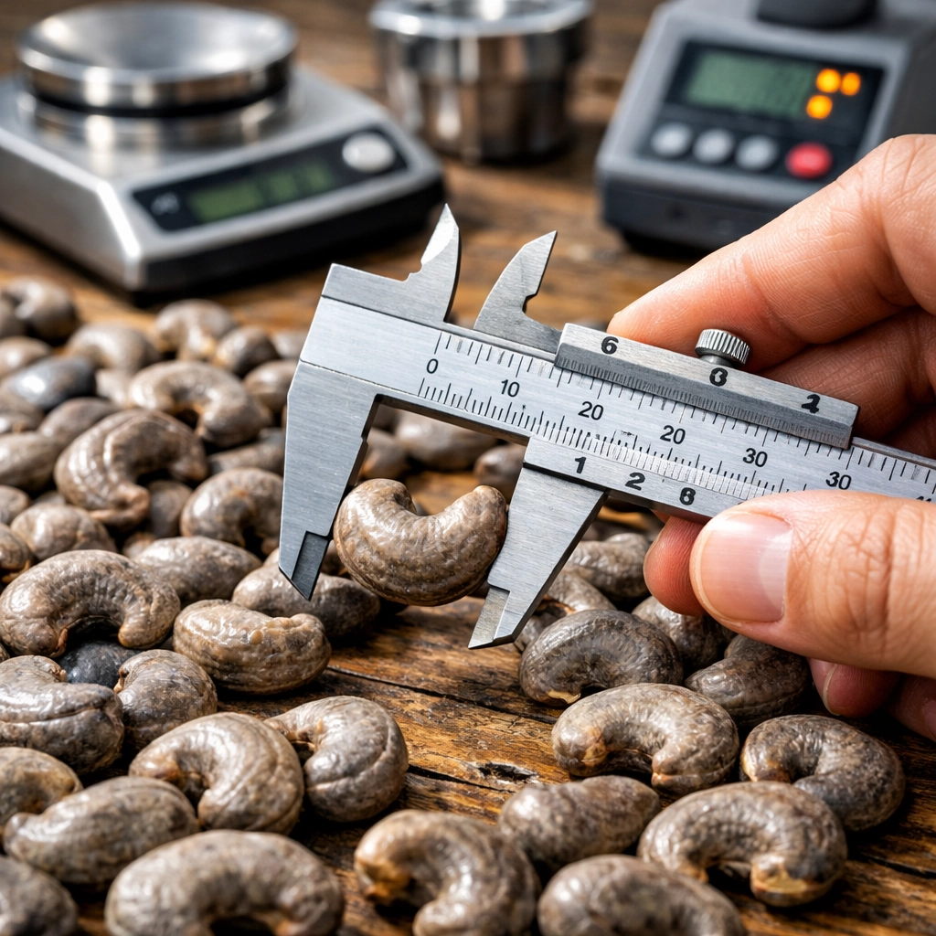 Quality control specialist measuring raw cashew nut size for export in Nigeria.