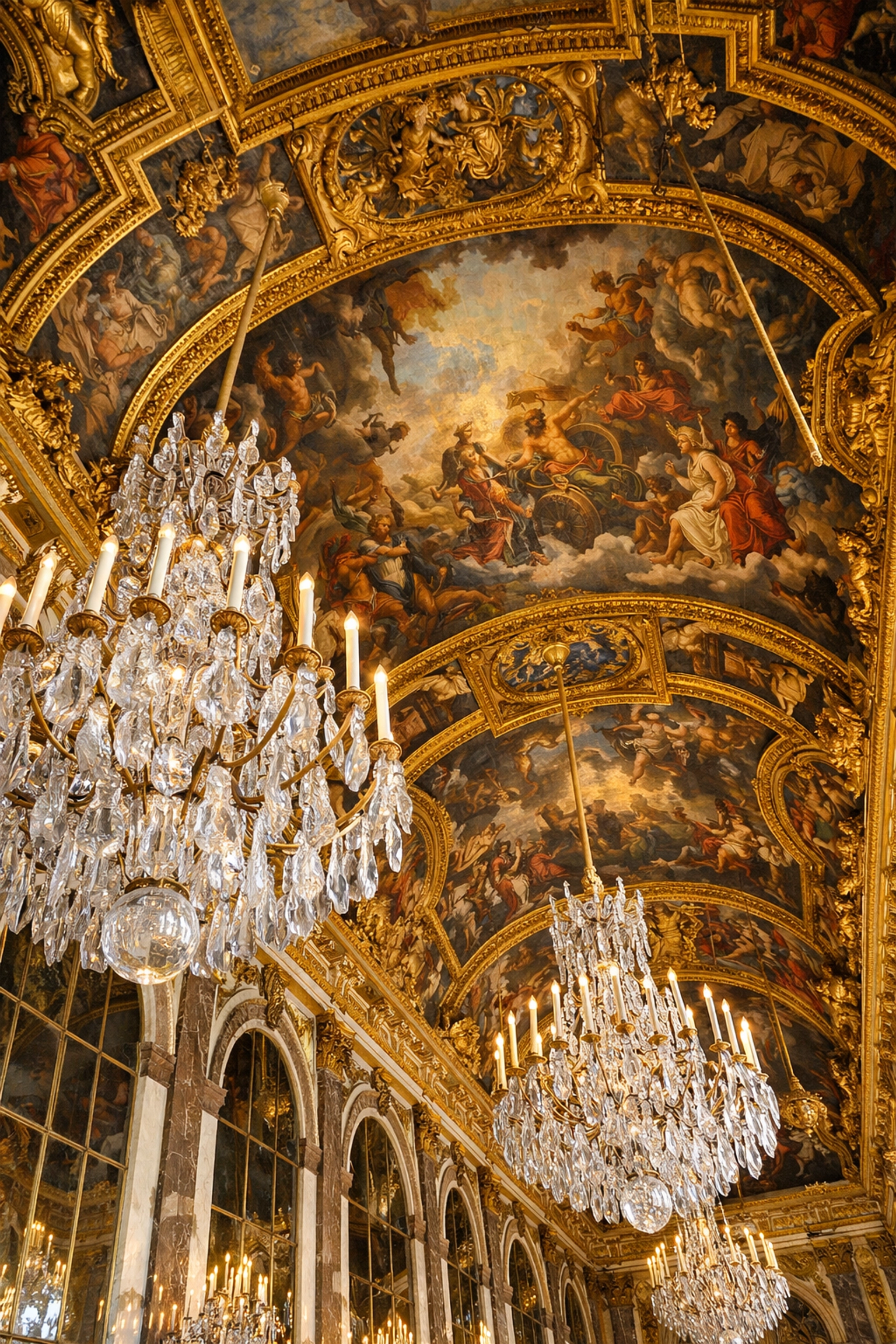 Hall of Mirrors ceiling frescoes and chandeliers, a top Versailles photo spot.