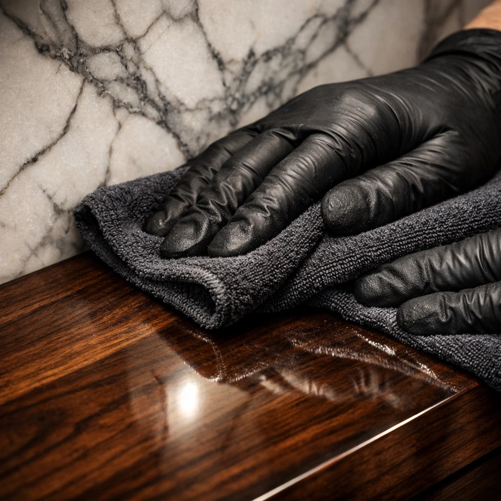 Meticulous surface cleaning of a marble wall and walnut desk in a professional Concord MA workspace.