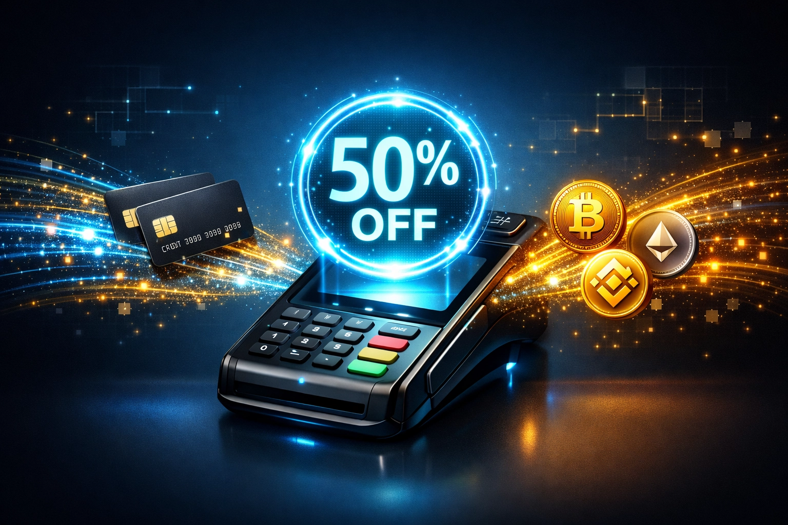 Cryptocurrency payment terminal reducing merchant interchange fees by 50% versus credit cards