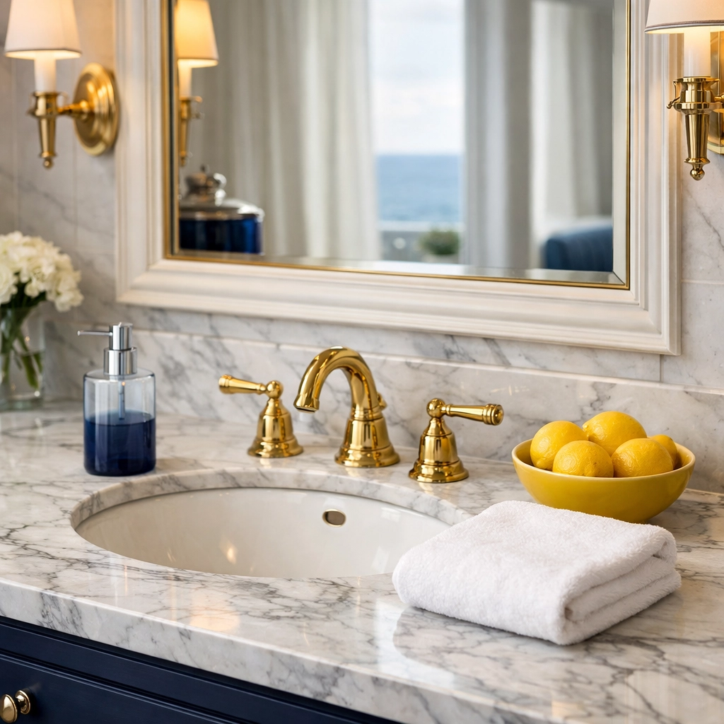 Professional deep cleaning for Duxbury luxury homes featuring a pristine marble vanity and brass fixtures.