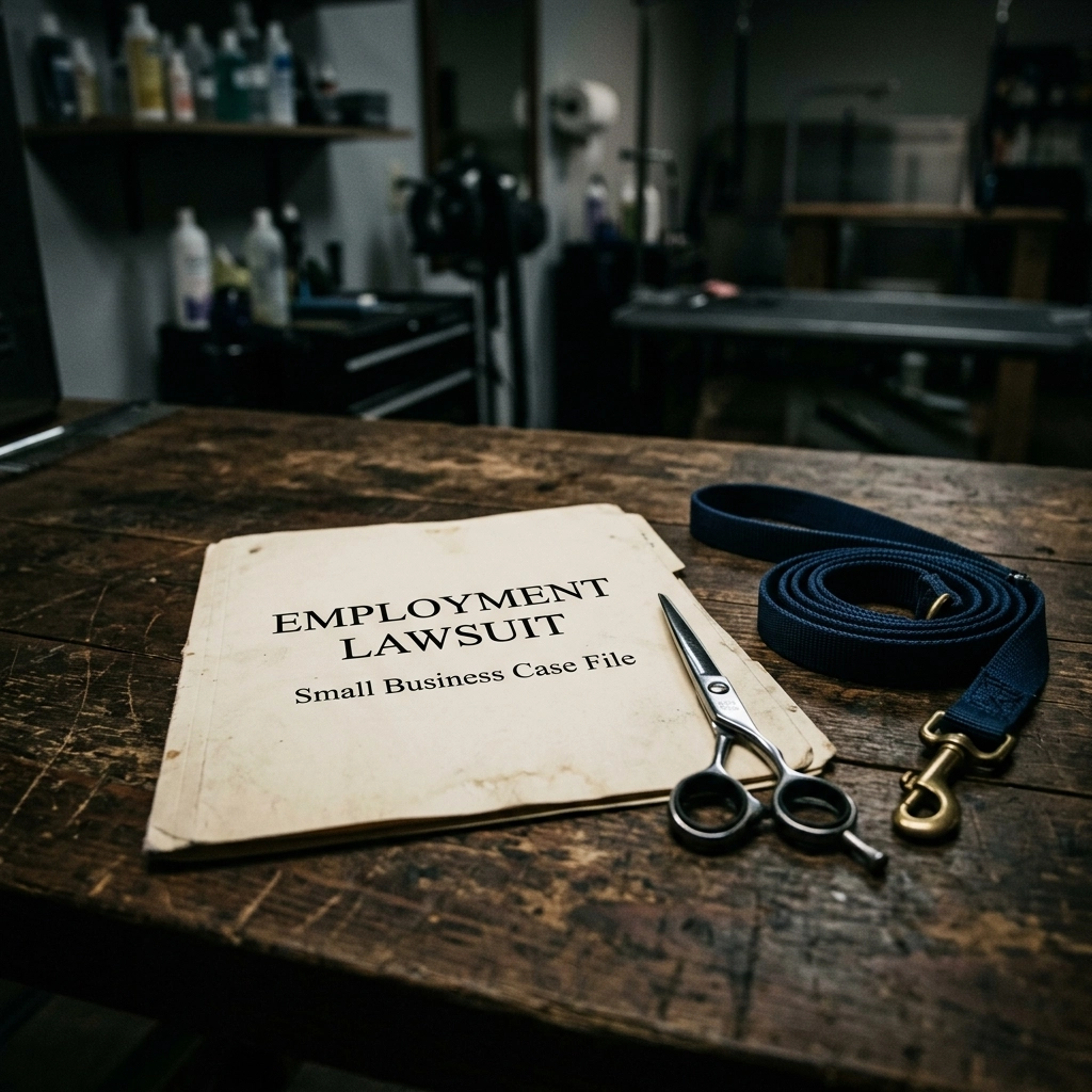 A conceptual image of legal risk showing an 'Employment Lawsuit' folder and grooming tools.