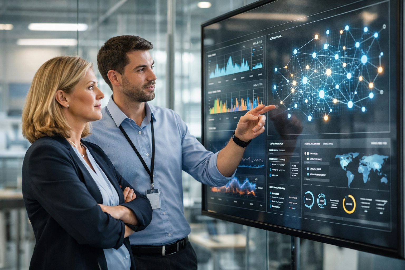 IT leadership team analyzing real-time data on a glass display to drive global ROI and compliance.