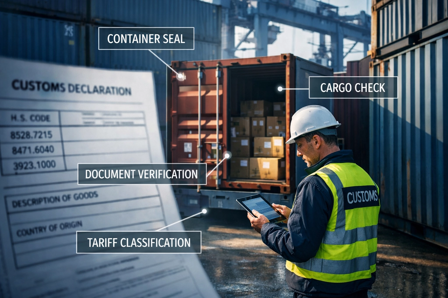Customs officer inspecting shipping containers and documentation at Florida port terminal