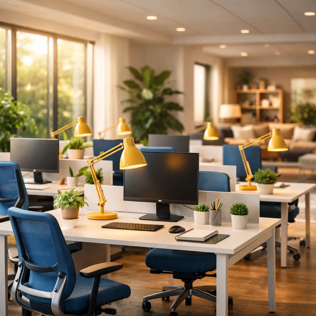 Clean and productive open-concept office workspace in Lancaster, MA with organized desks and plenty of sunlight.