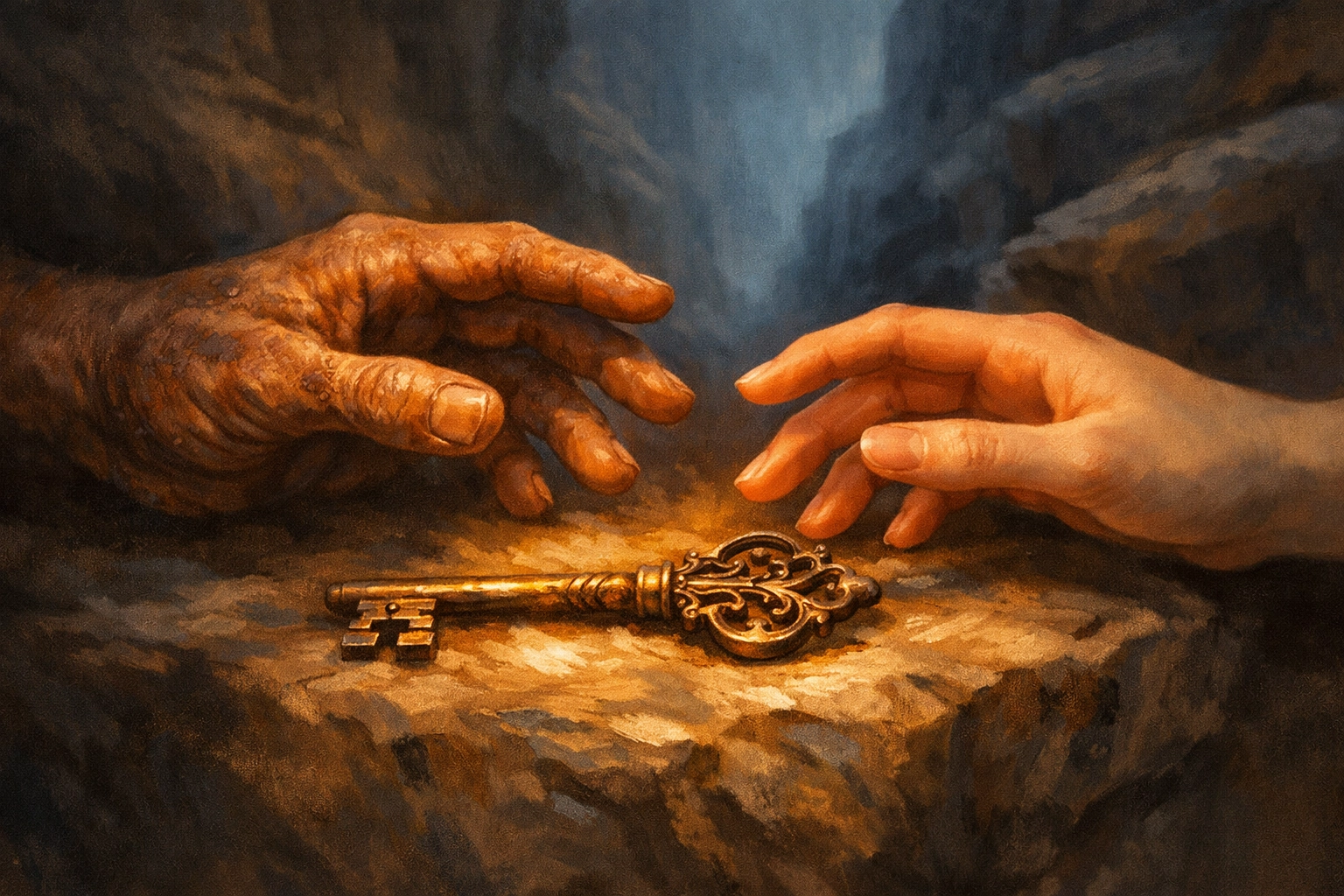 Two hands reaching for ornate iron key symbolizing choice and betrayal in the darkness