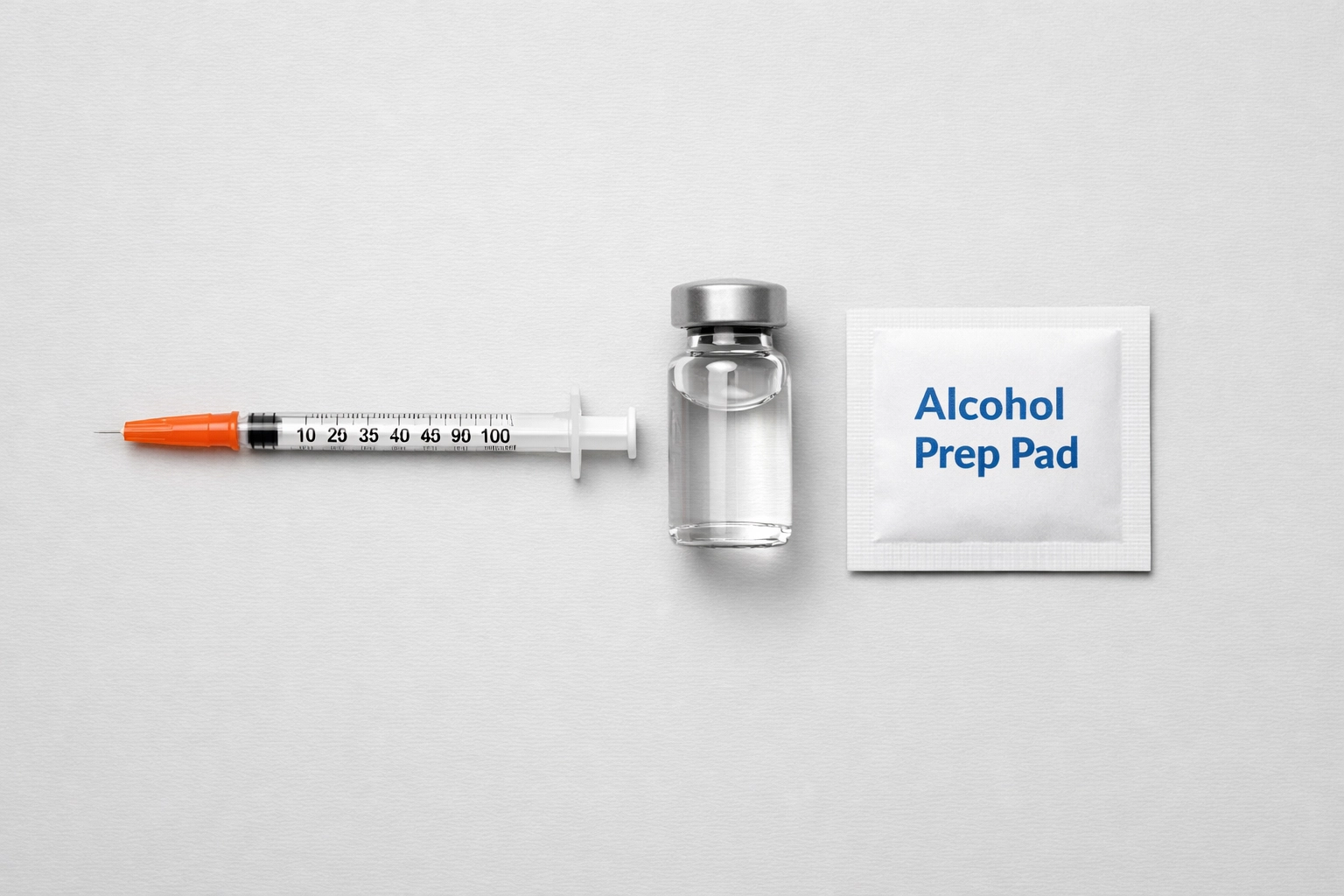 Essential research tools including an insulin syringe and vial for a reconstitution calculator peptide.