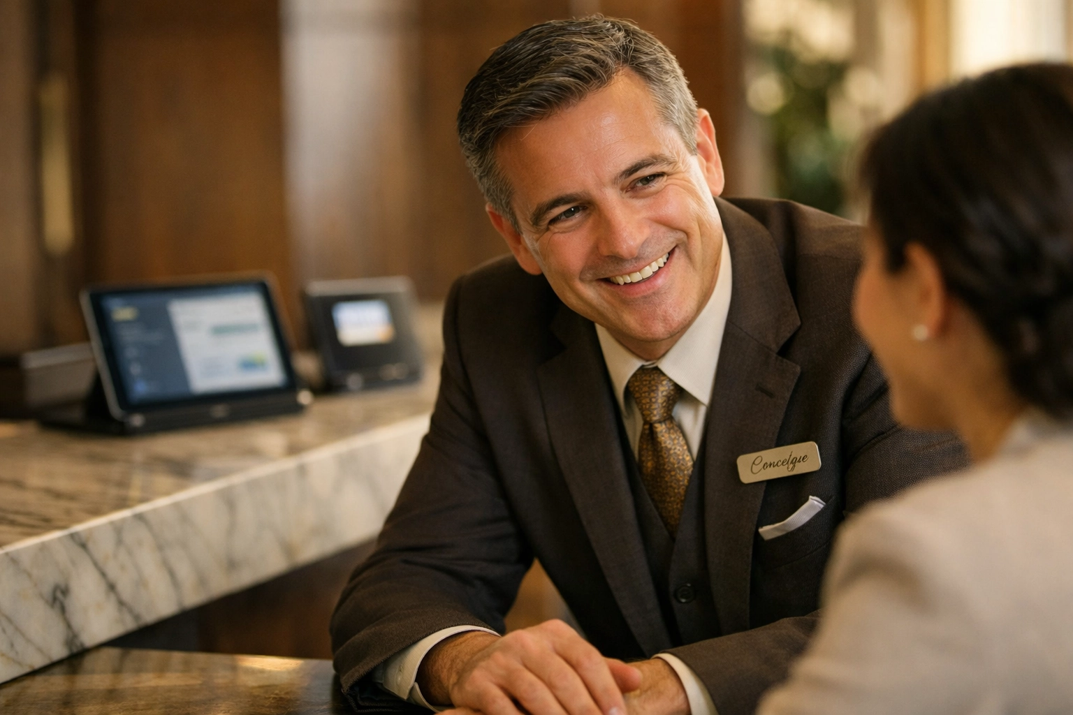 Concierge providing personalized hospitality in a hotel lobby, balancing technology and human touch.