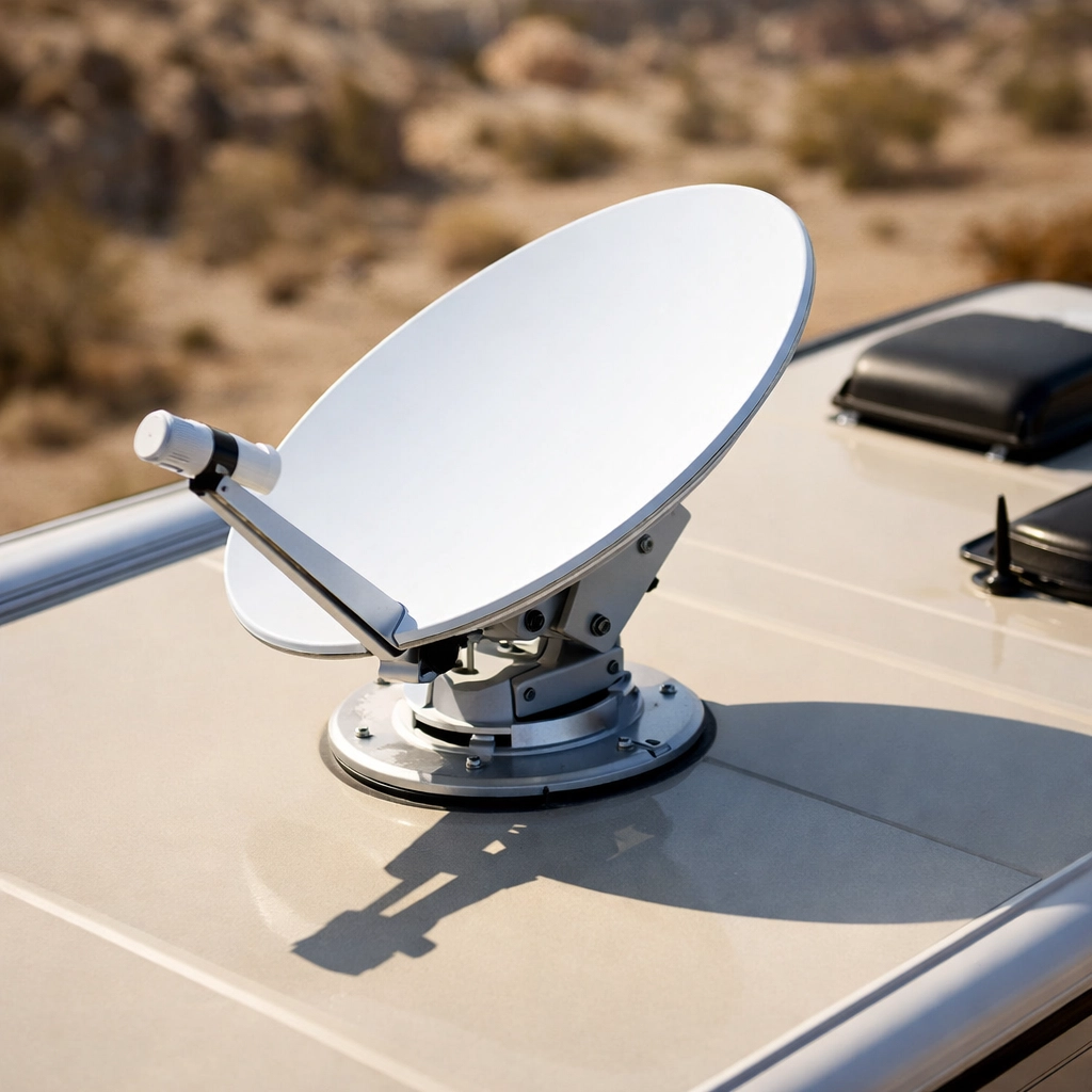 Satellite dish mounted on RV roof for portable internet connectivity