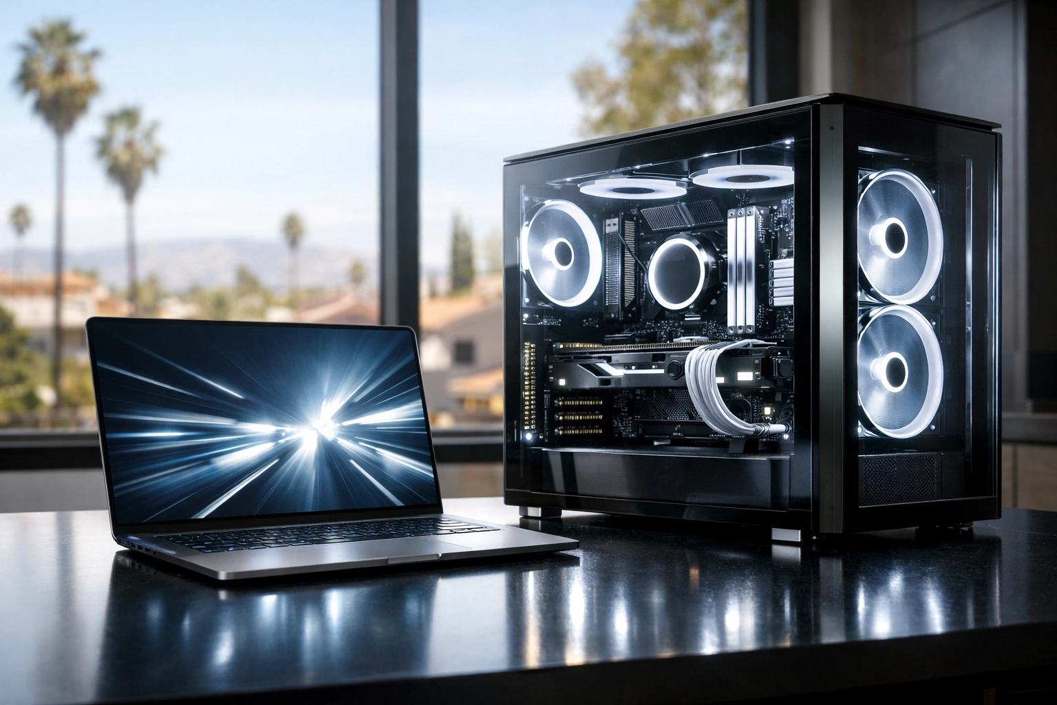 A high-performance laptop and custom-built PC tower featuring a modern, sleek tech setup.