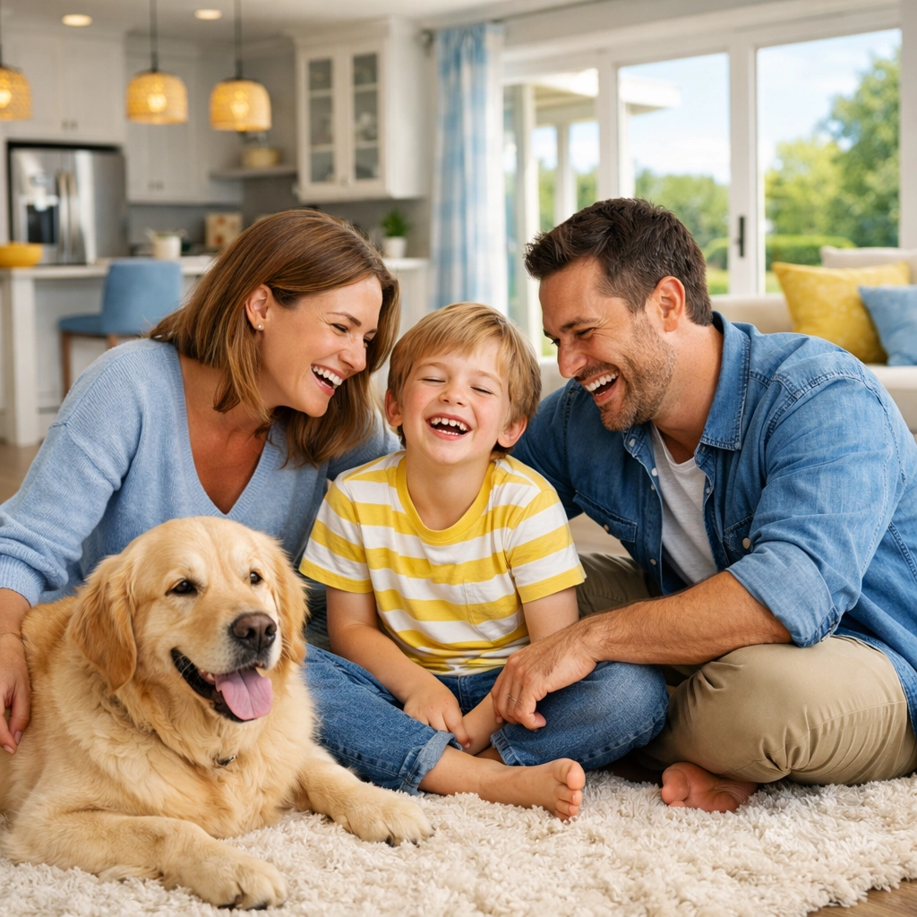 Happy family and dog enjoying a stress-free, professionally cleaned residential home in Westborough.