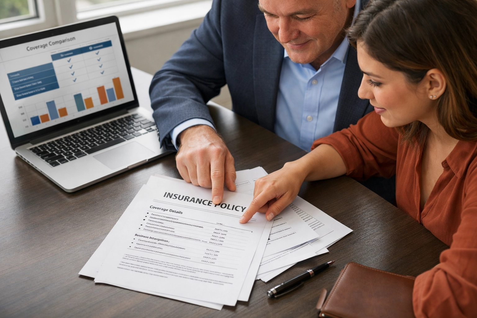 Independent agent reviewing business insurance policy details with small business owner