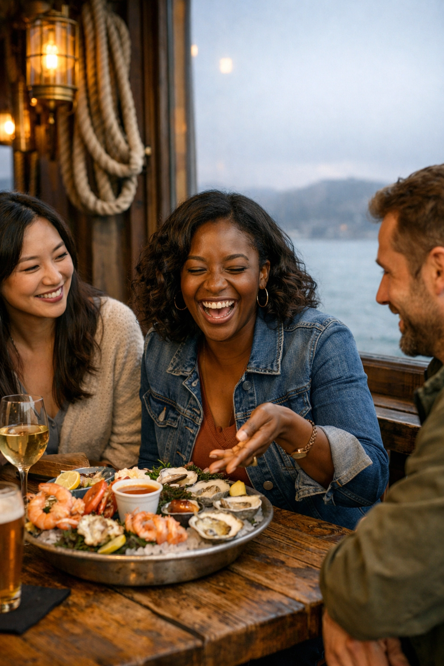 Diverse guests enjoying a signature seafood sampler with a view of the San Francisco Bay waterfront.