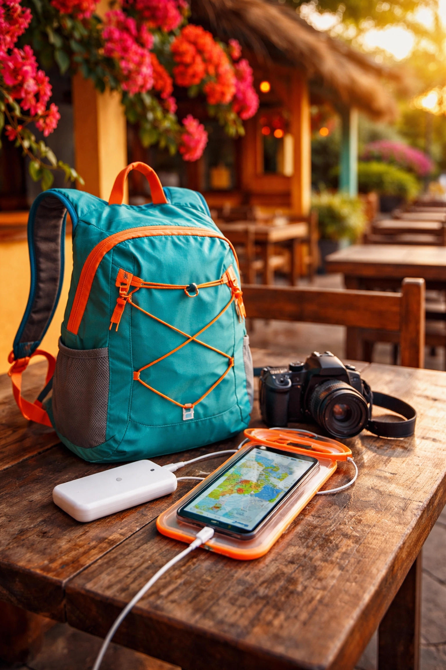 Waterproof daypack, charger, phone case, and camera on outdoor cafe table in sunny Puerto Vallarta