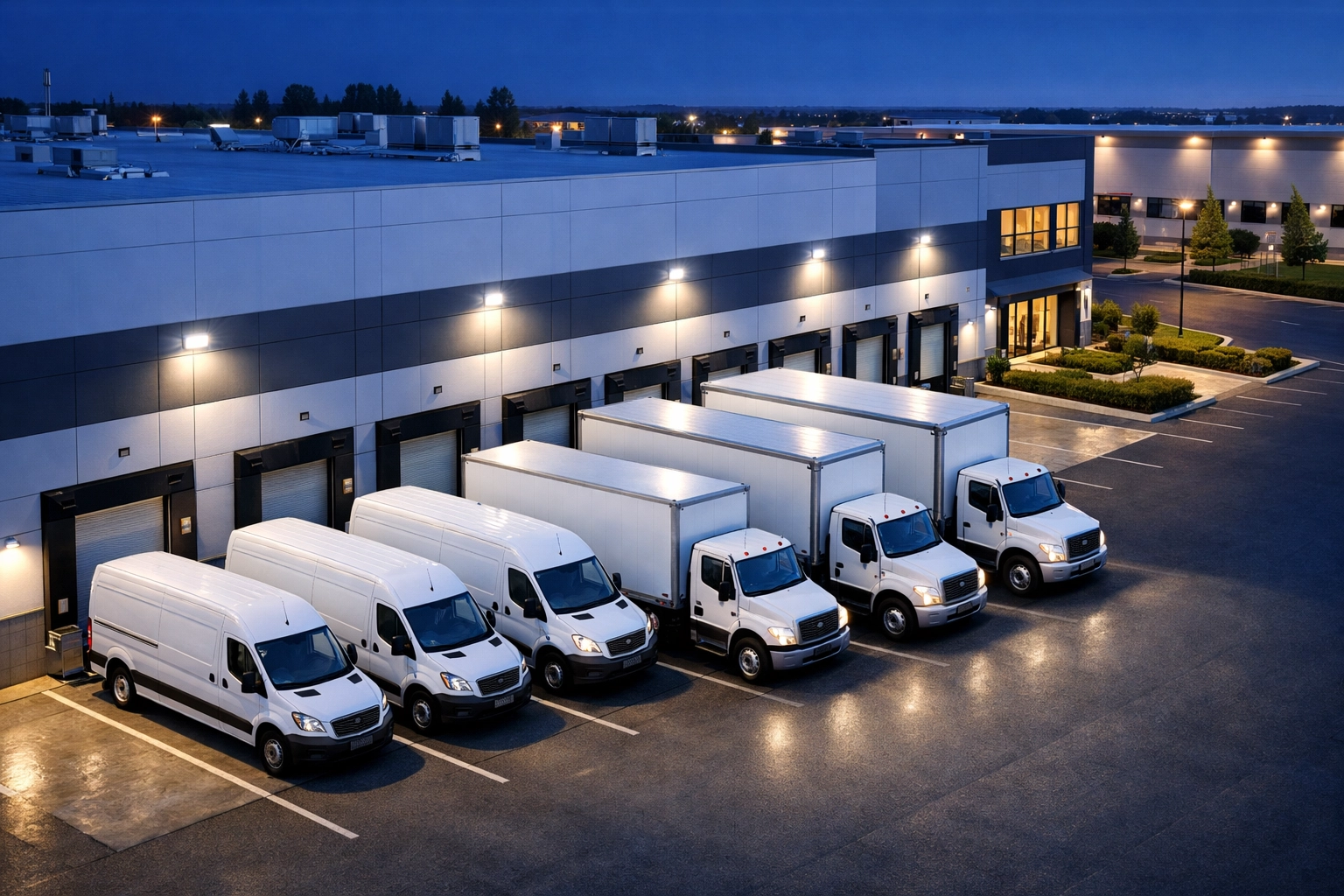 Private corporate warehouse with delivery trucks at loading docks showing 1PL logistics management.