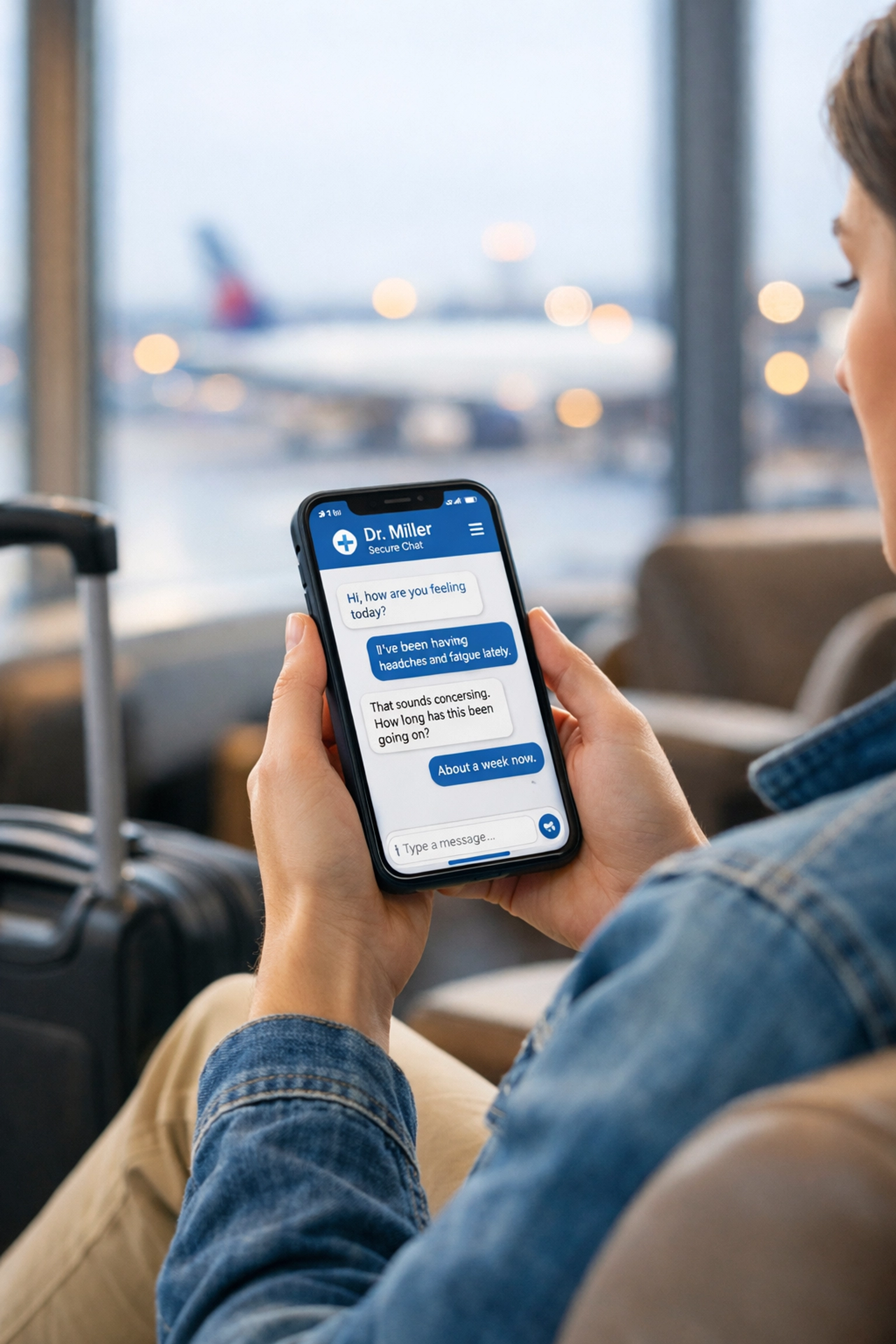 Traveler using an online medical chat to text with a doctor 24/7 from a busy airport lounge.