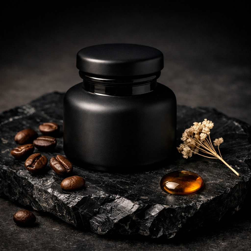 Natural coffee eye cream in a matte black jar for treating dark circles and dehydrated winter skin.