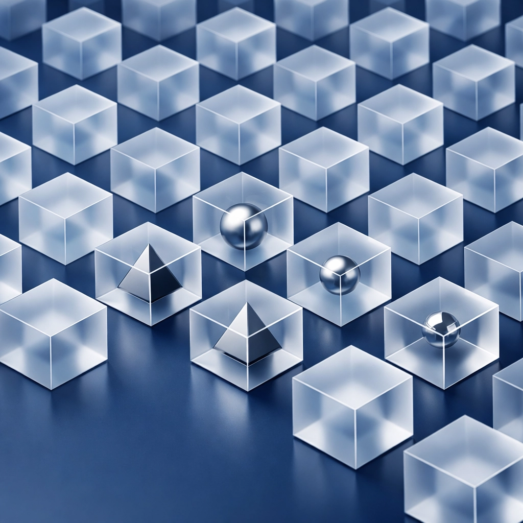 Infinite grid of glass cubes symbolizing a scalable design system for corporate branding consistency.