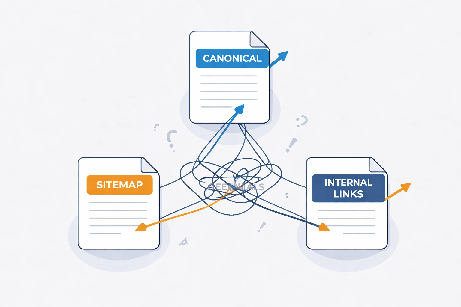 Illustration of conflicting website signals between canonicals, sitemaps, and internal links, highlighting a common SEO error.