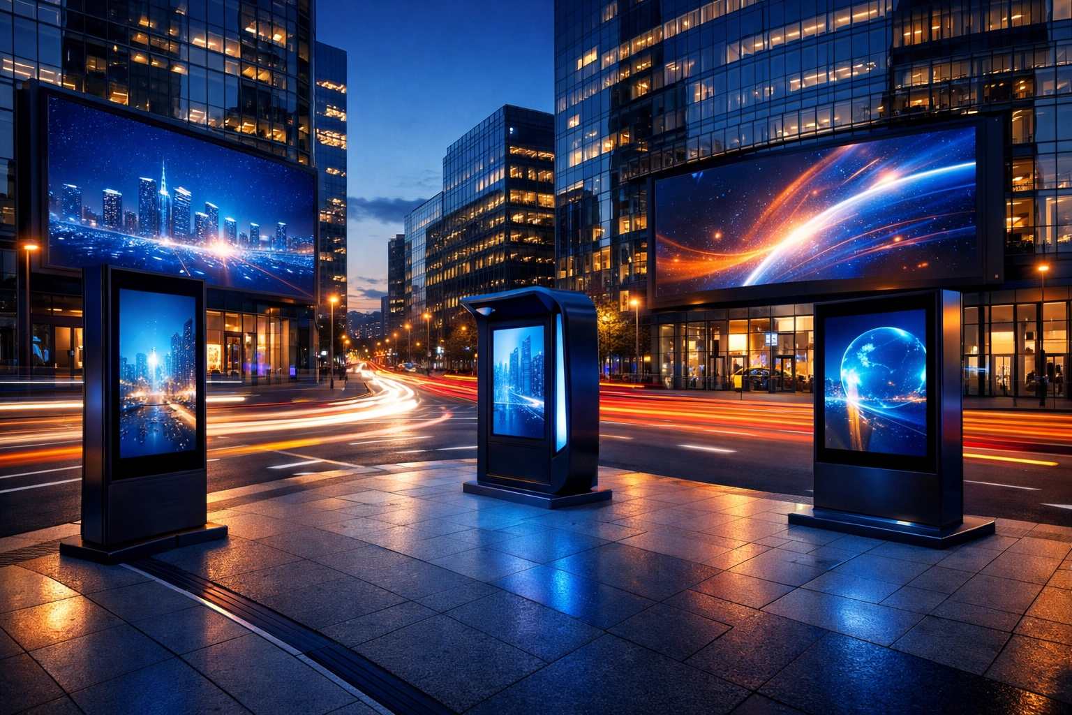 Modern urban intersection with digital billboards and Smart City IoT infrastructure powered by Dakdan Worldwide.