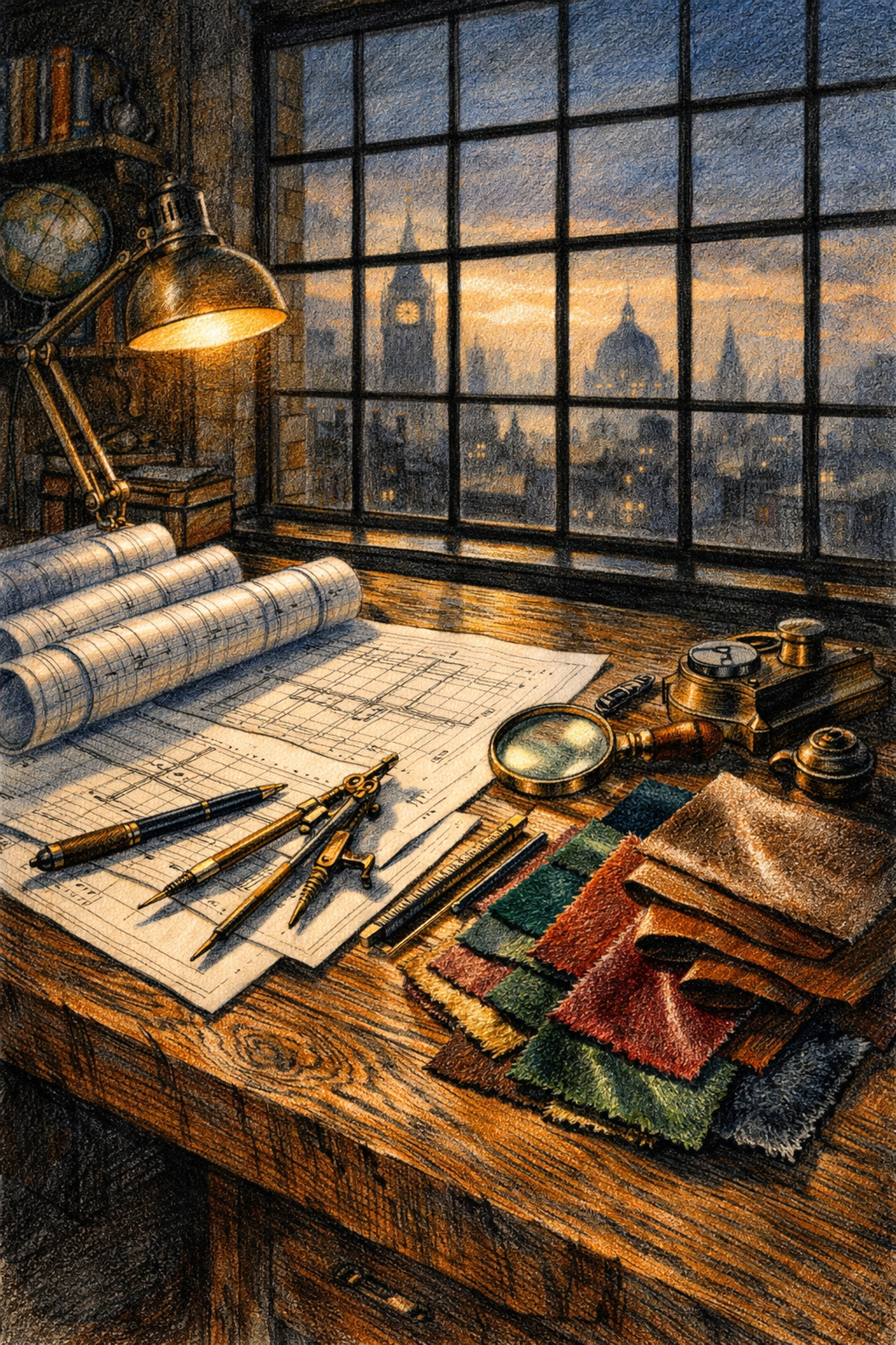 London design studio with architectural blueprints and leather swatches for boutique hotel interior design.