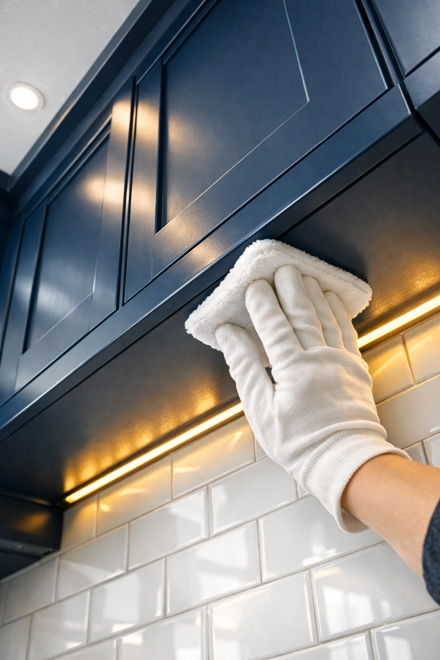 Wiping the underside of kitchen cabinets with a cleaning pad to remove grease and food splatters.
