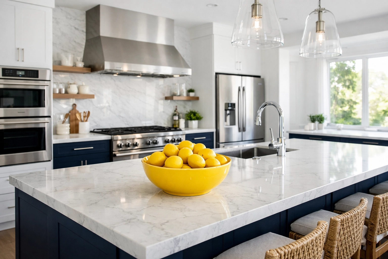 Sparkling modern kitchen with marble countertops following professional deep cleaning Worcester MA.
