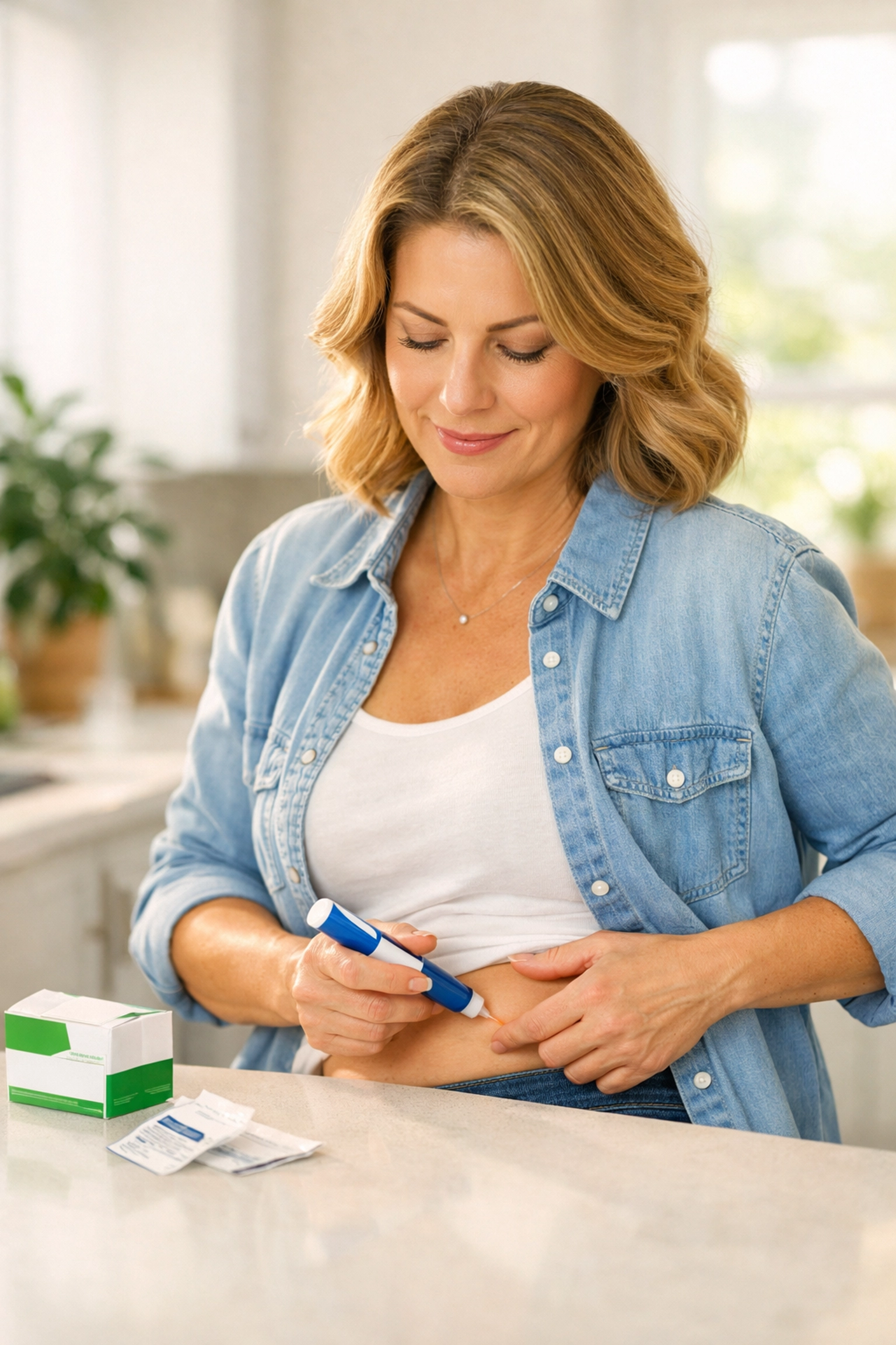Woman self-administering weekly weight loss injection at home