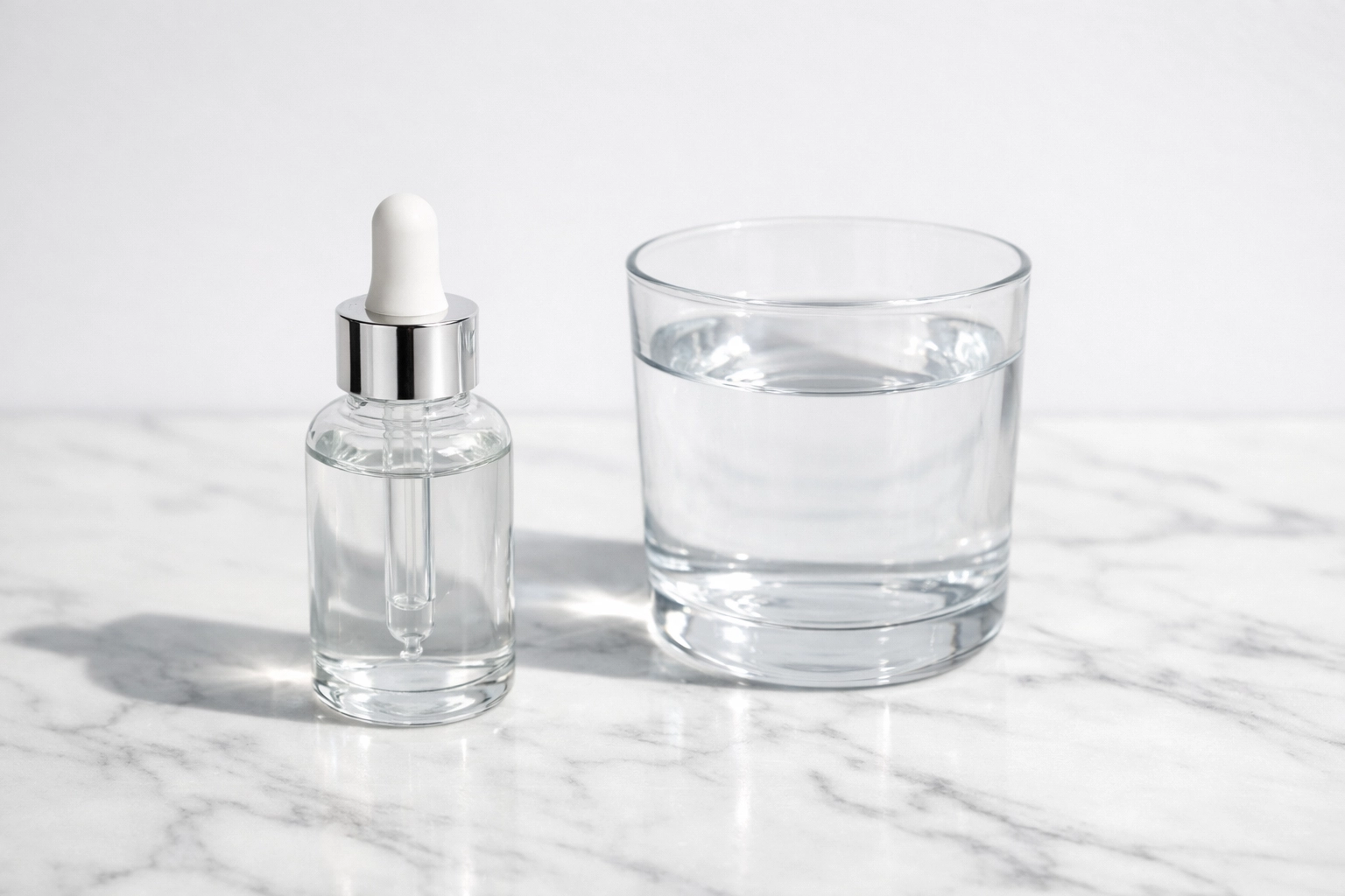Body Balancing Drops bottle on a white marble counter next to a glass of water for ritual regulation.