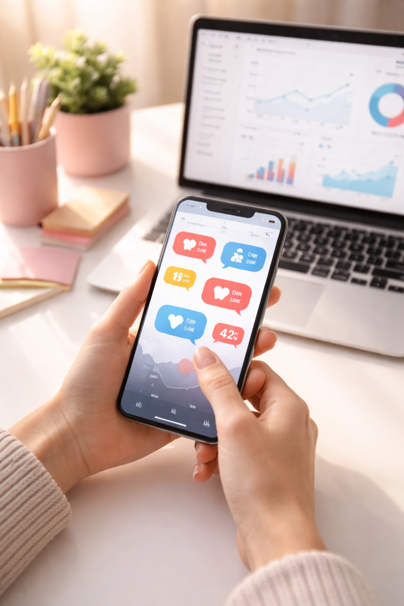 Hands holding smartphone with social media notifications, illustrating digital marketing success and analytics