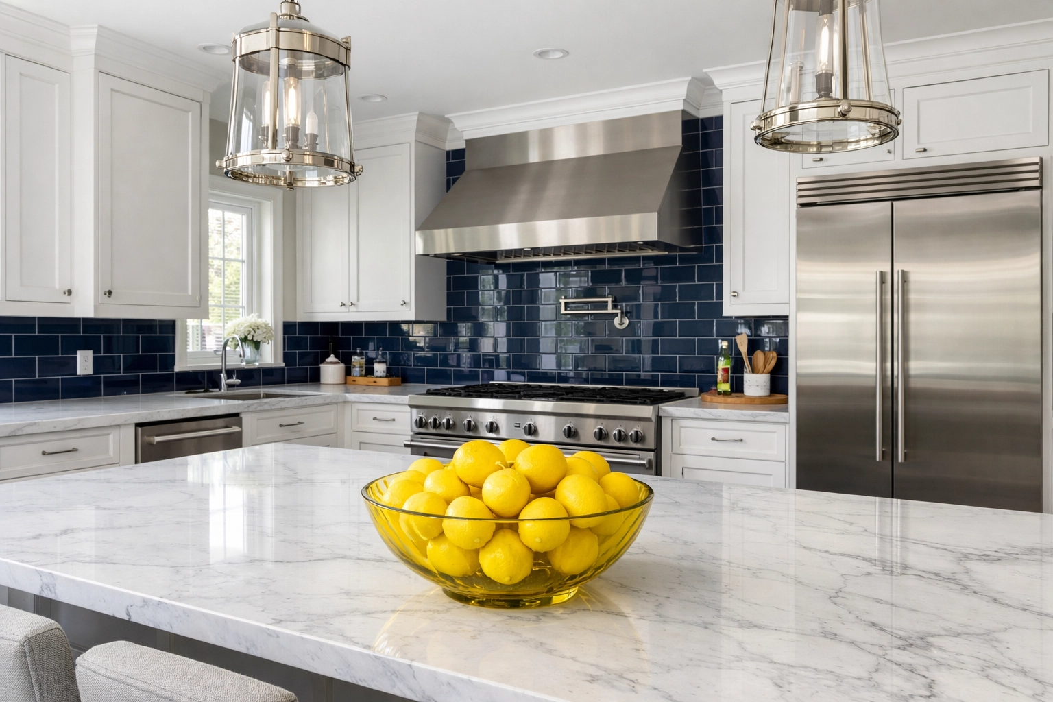 Modern estate kitchen with spotless marble countertops after recurring weekly house cleaning Harvard MA.