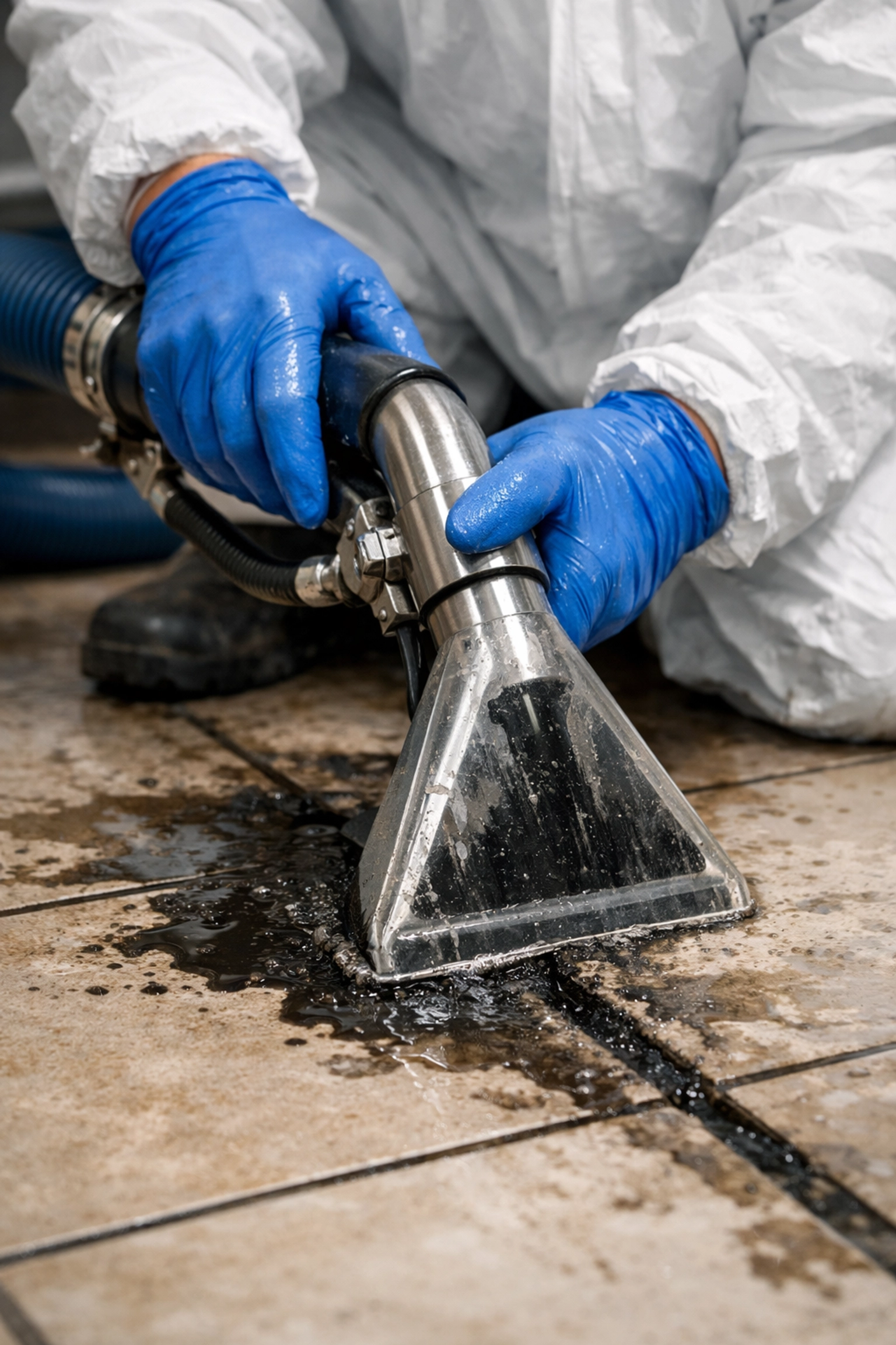 Restoration technician using extraction equipment for professional sewer backup cleanup Tuscaloosa.