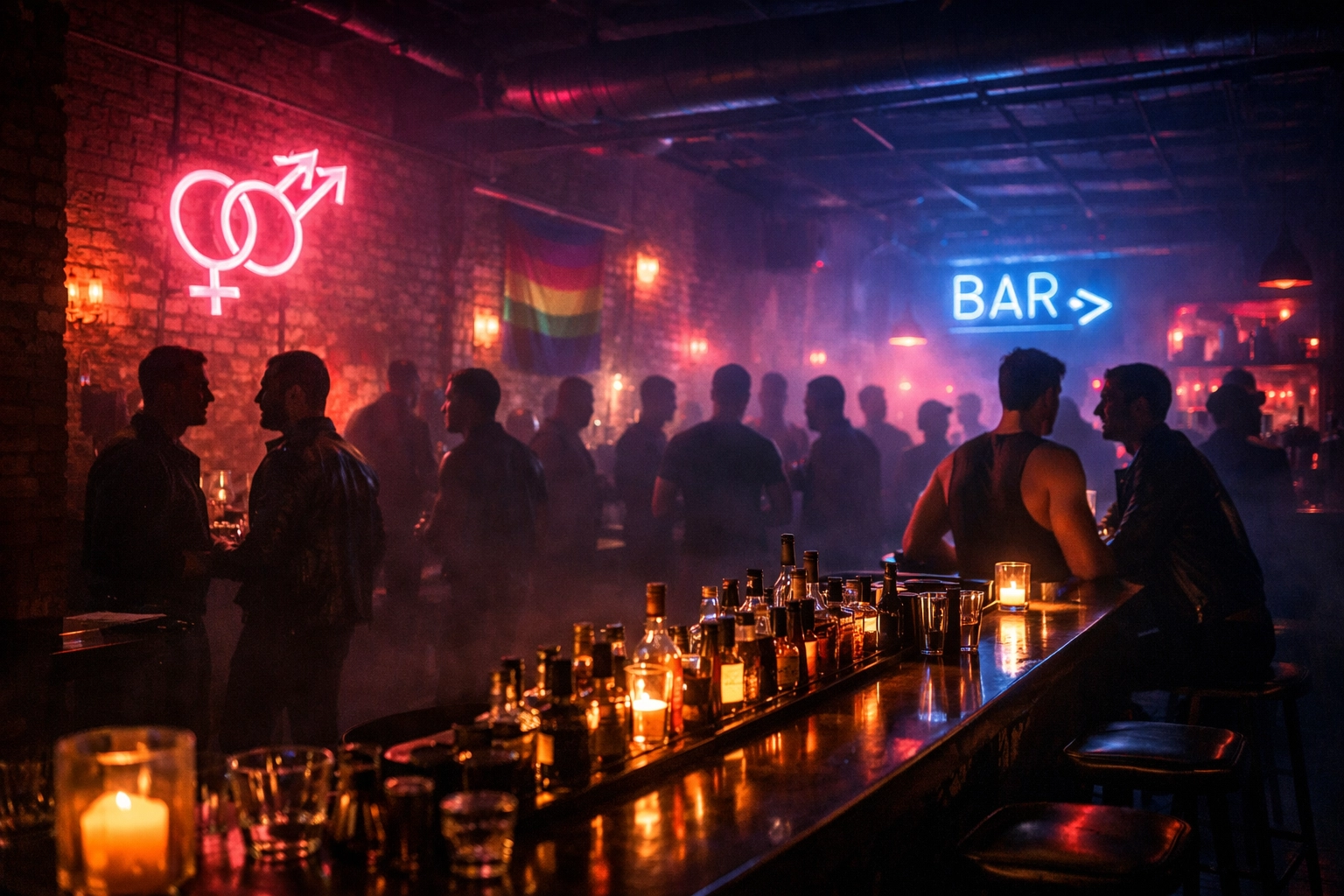 Interior of gay cruising bar at night with patrons mingling under neon lights