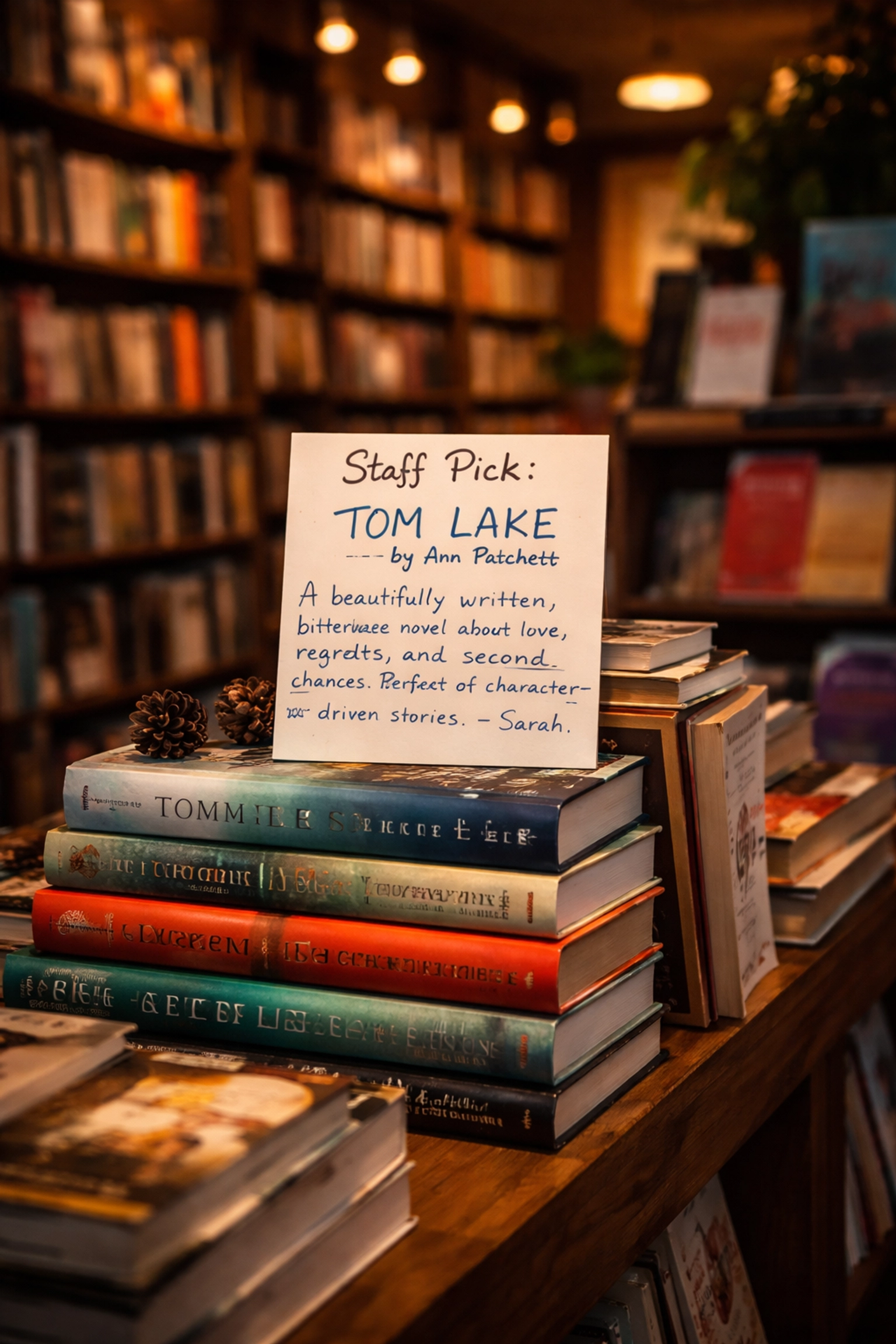 Cozy Brisbane bookstore interior with handwritten staff recommendations and curated books on a wooden display table