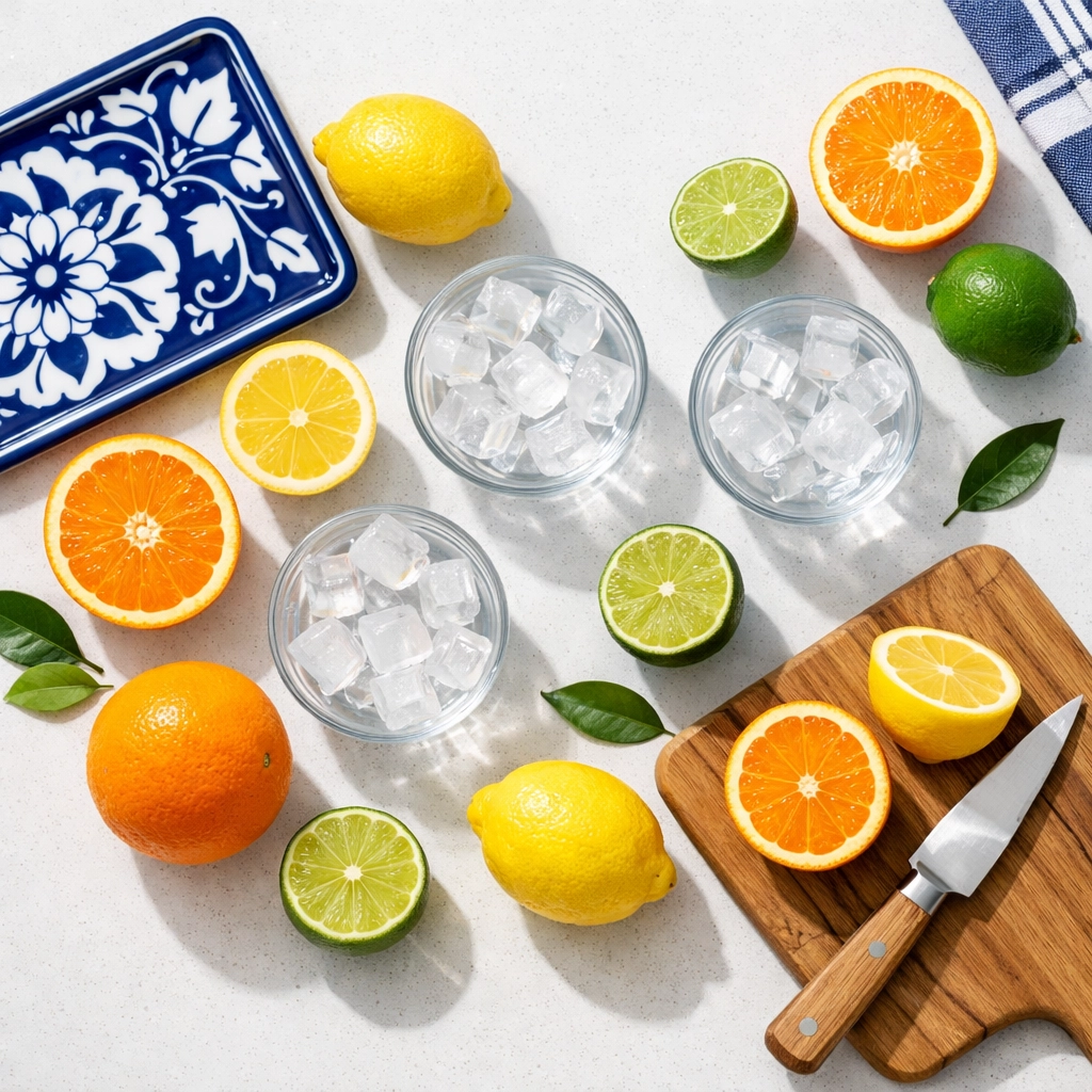 A variety of citrus fruits and ice used as a natural degreaser for bi weekly house cleaning routines.