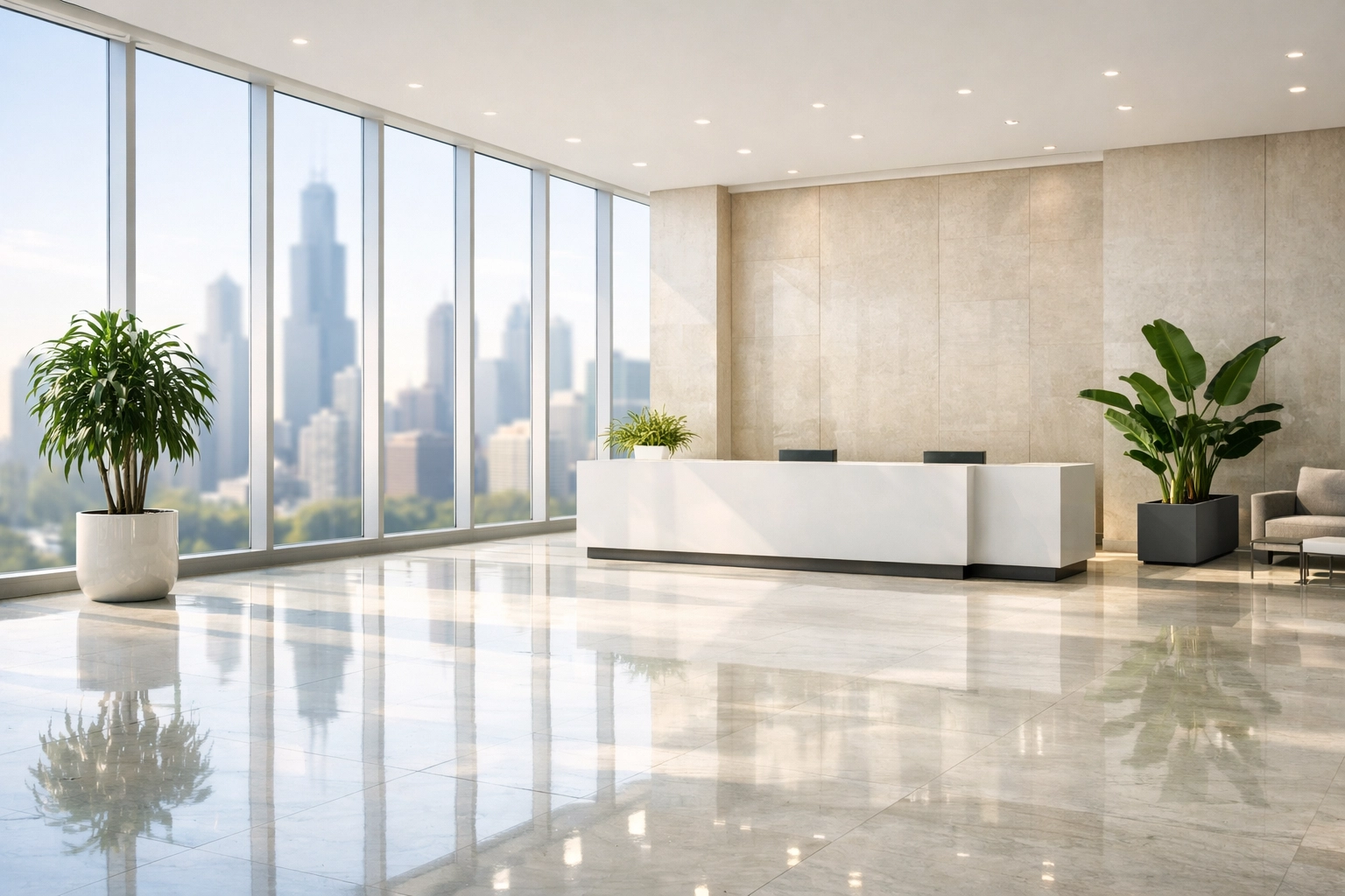 Minimalist Chicago skyscraper lobby with polished marble floors reflecting professional office cleaning standards.