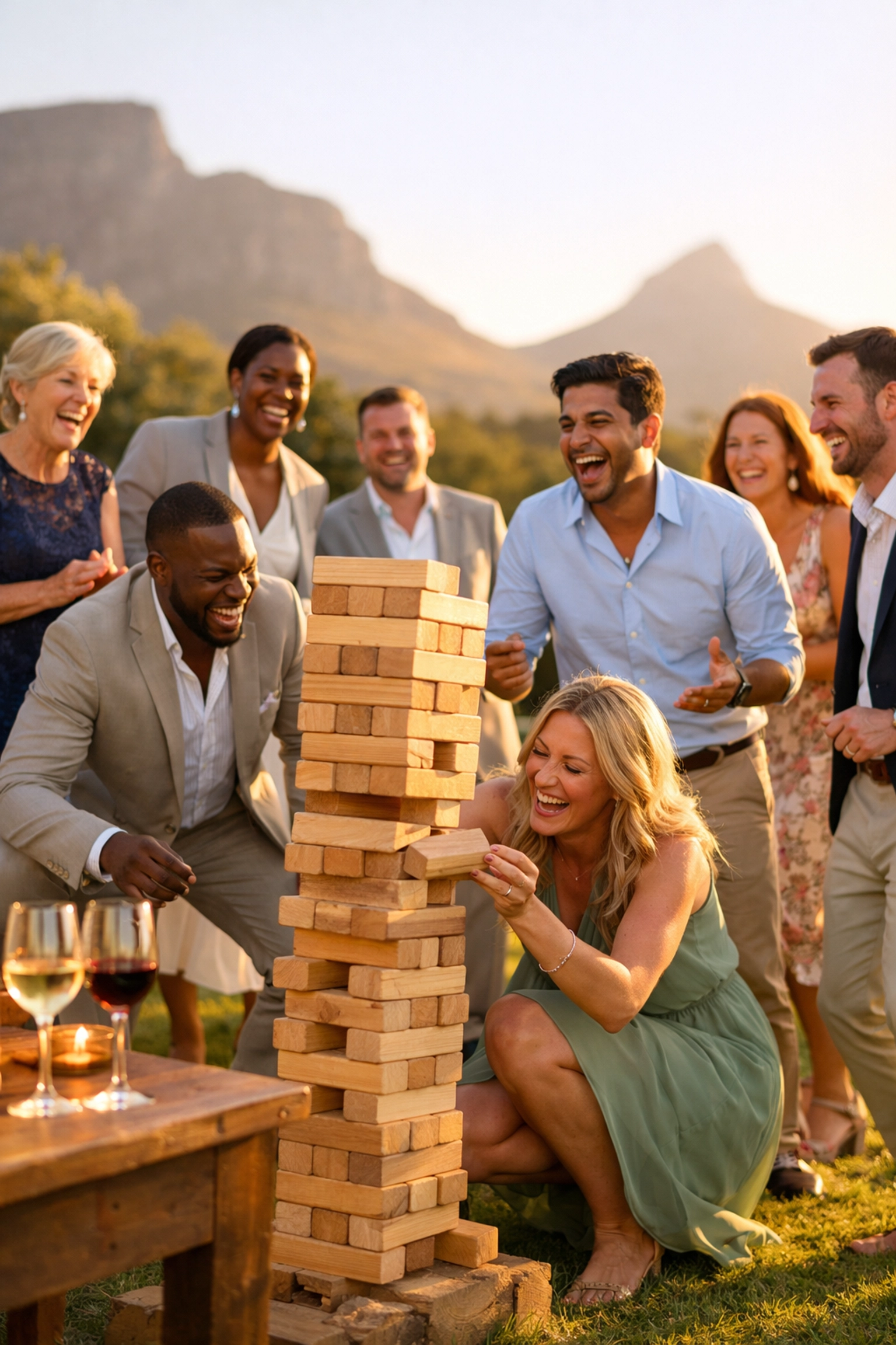 Wedding guests enjoying giant Jenga hire at Cape Town outdoor celebration