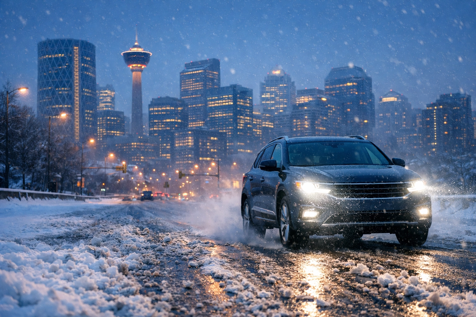 SUV on snowy Calgary roads where winter salt causes car electrical repair issues.