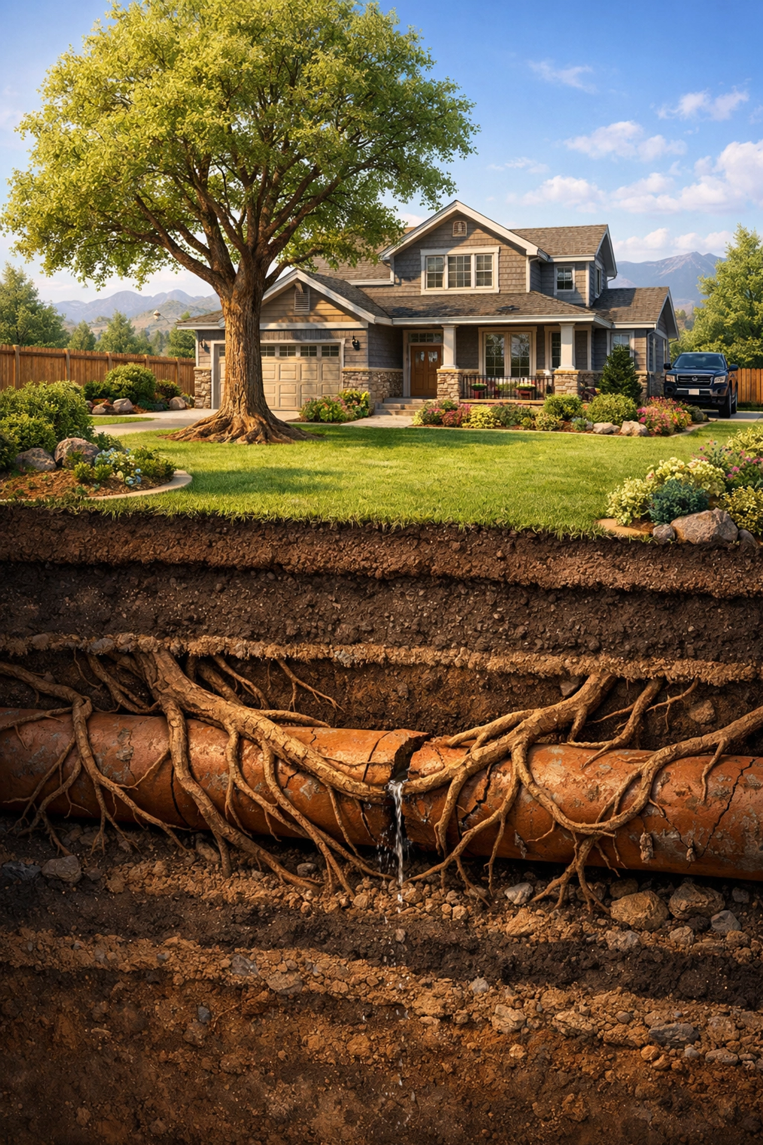 Cross-section of an Arvada yard showing tree root intrusion damaging an underground clay sewer pipe.