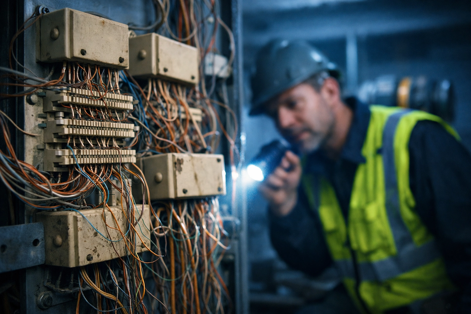Technician inspecting old copper telephone wiring in elevator machine room before POTS replacement