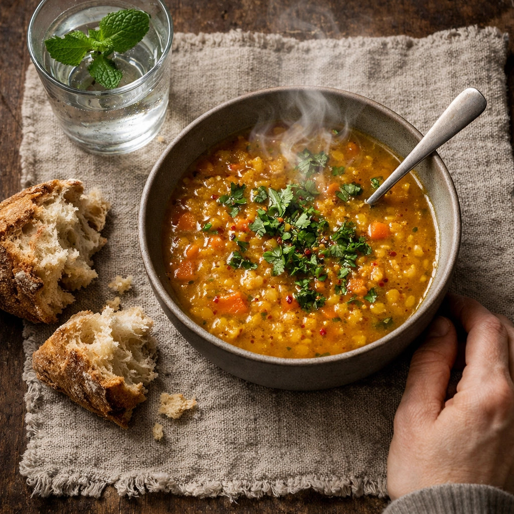 Nutritious warm soup for postpartum recovery, illustrating the practical care offered by doula services.
